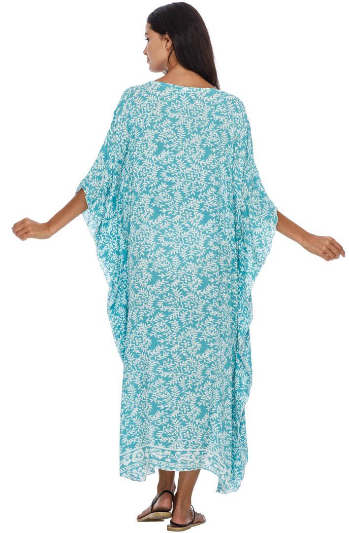 Long Floral Kaftan Dress Coverup cute summer dress-loveshushi-turquoise and white