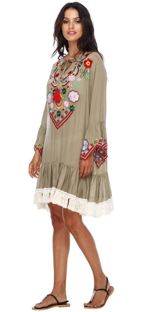 Embroidered Bohemian Festival Dress with Fringed Hem