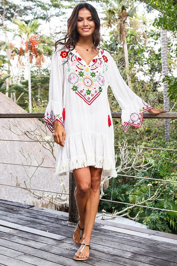 Embroidered Bohemian Festival Dress with Fringed Hem