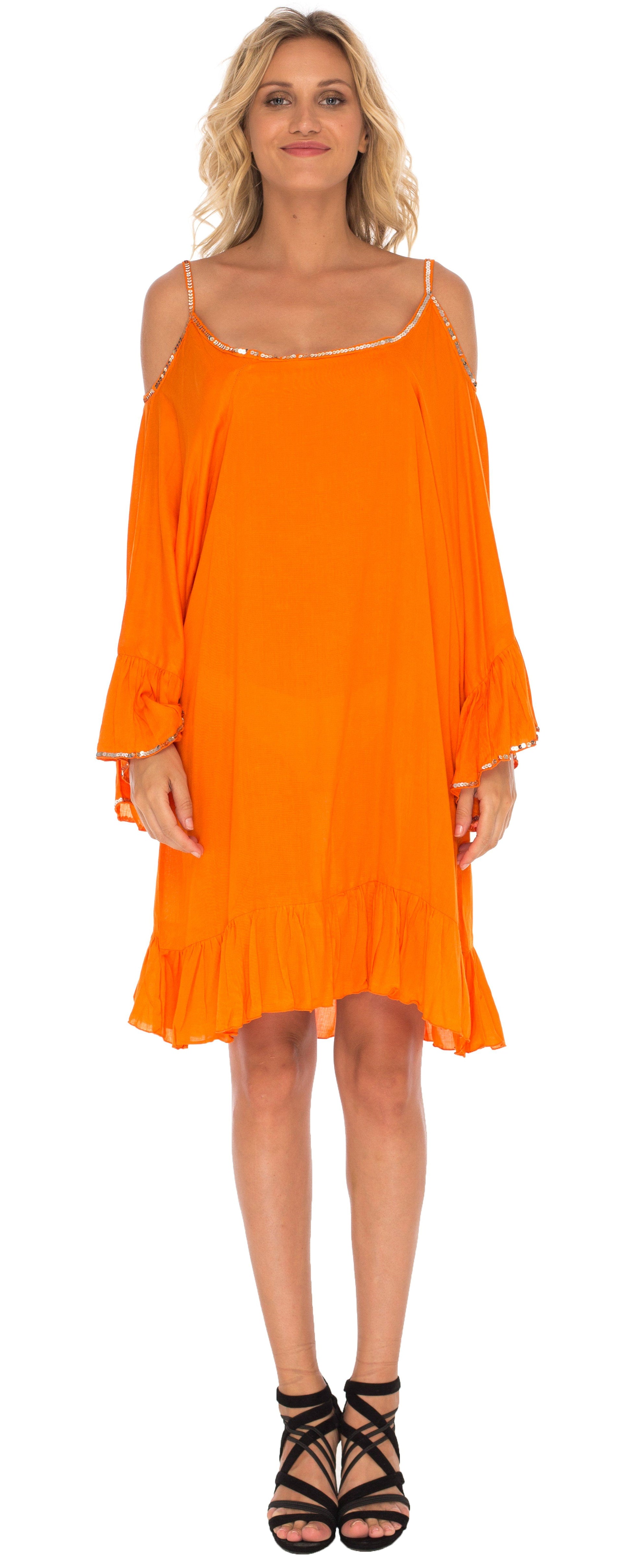 Hera Cold Shoulder Kaftan with Bell Sleeves  and hand sewn gold beading short orange dress- Love-Shu-Shi