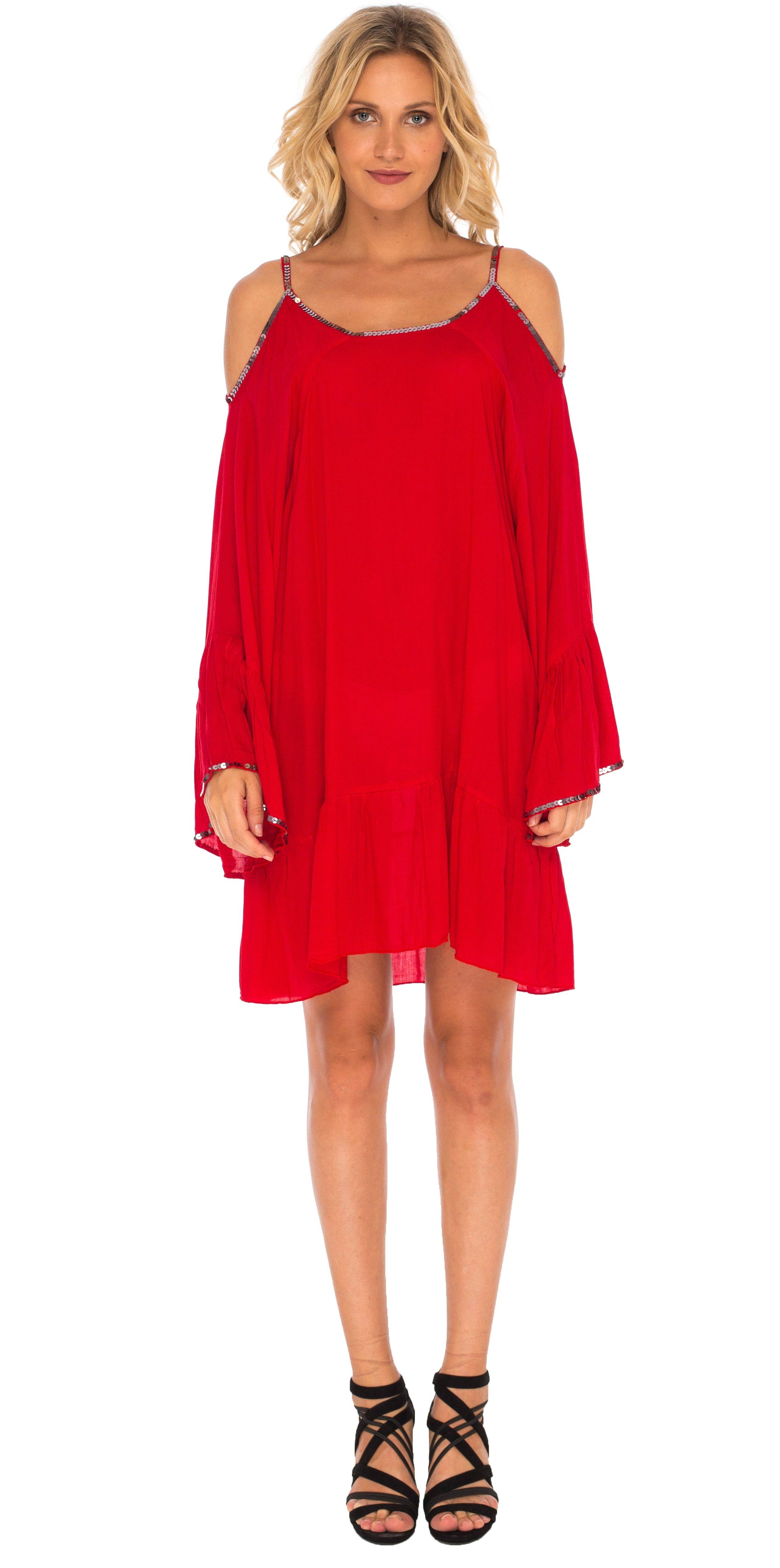 Hera Cold Shoulder Kaftan with Bell Sleeves  and hand sewn gold beading short red dress- Love-Shu-Shi