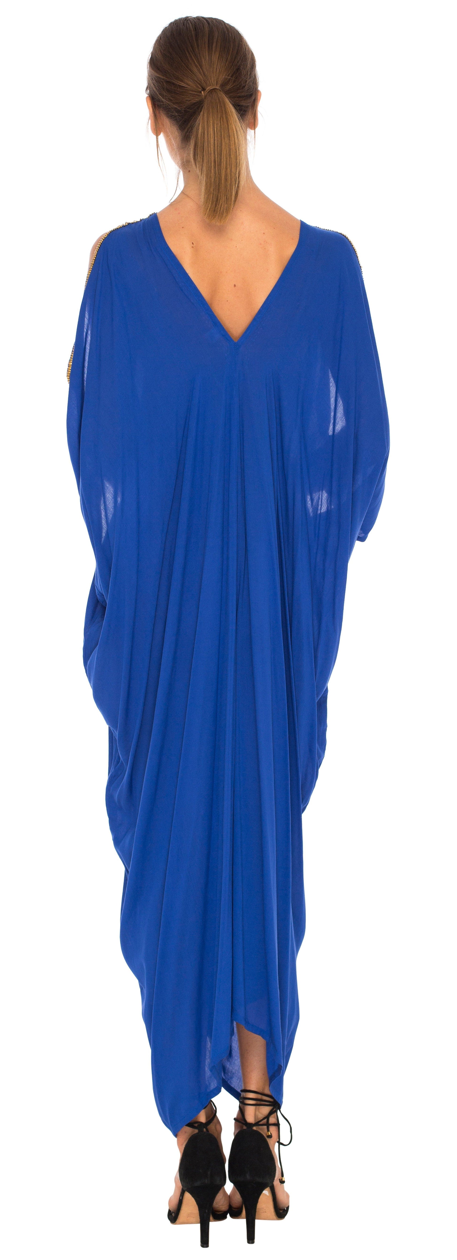 Isabella Embellished long Kaftan dress with Cold Shoulder - Love-Shu-Shi-blue