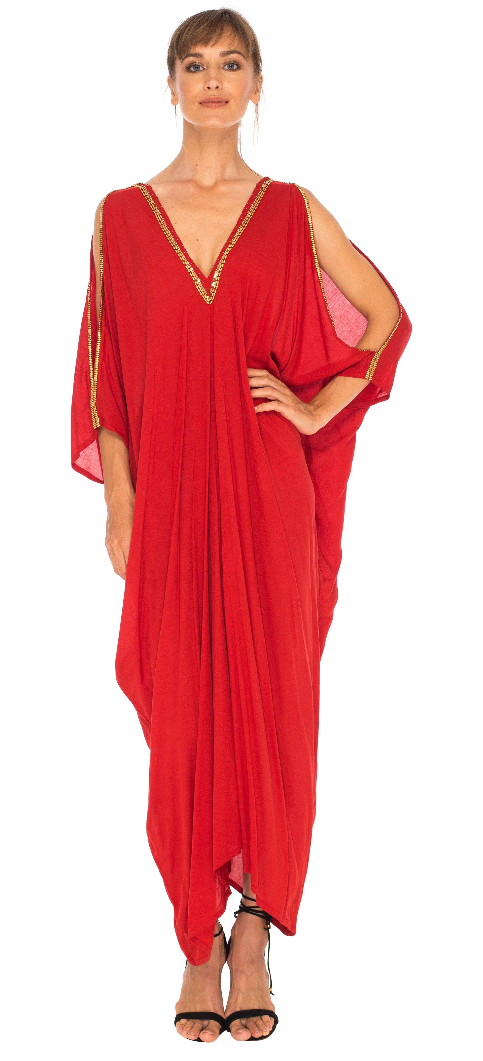 Isabella Embellished long Kaftan dress with Cold Shoulder - Love-Shu-Shi-red