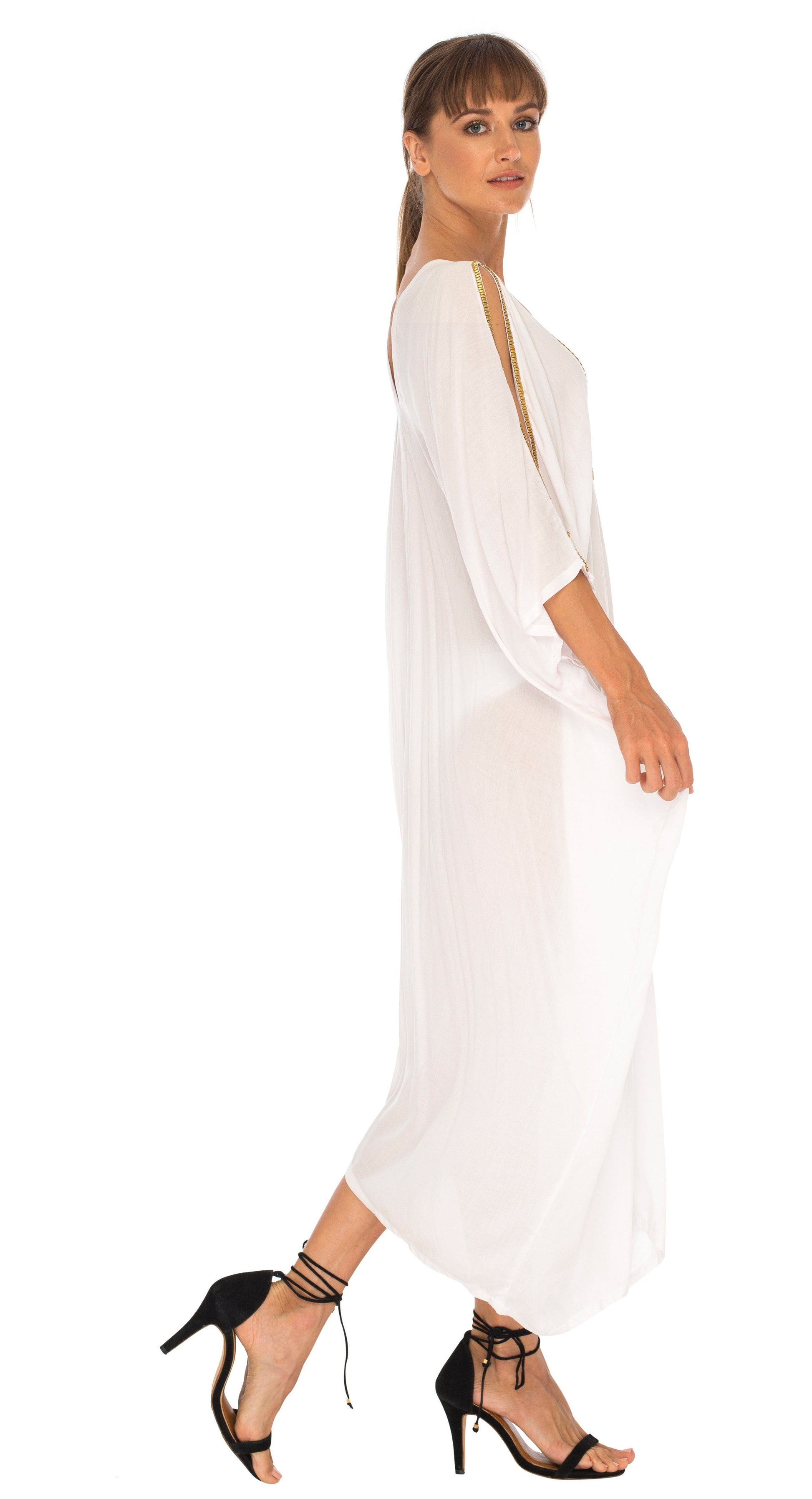 Isabella Embellished long Kaftan dress with Cold Shoulder - Love-Shu-Shi-white