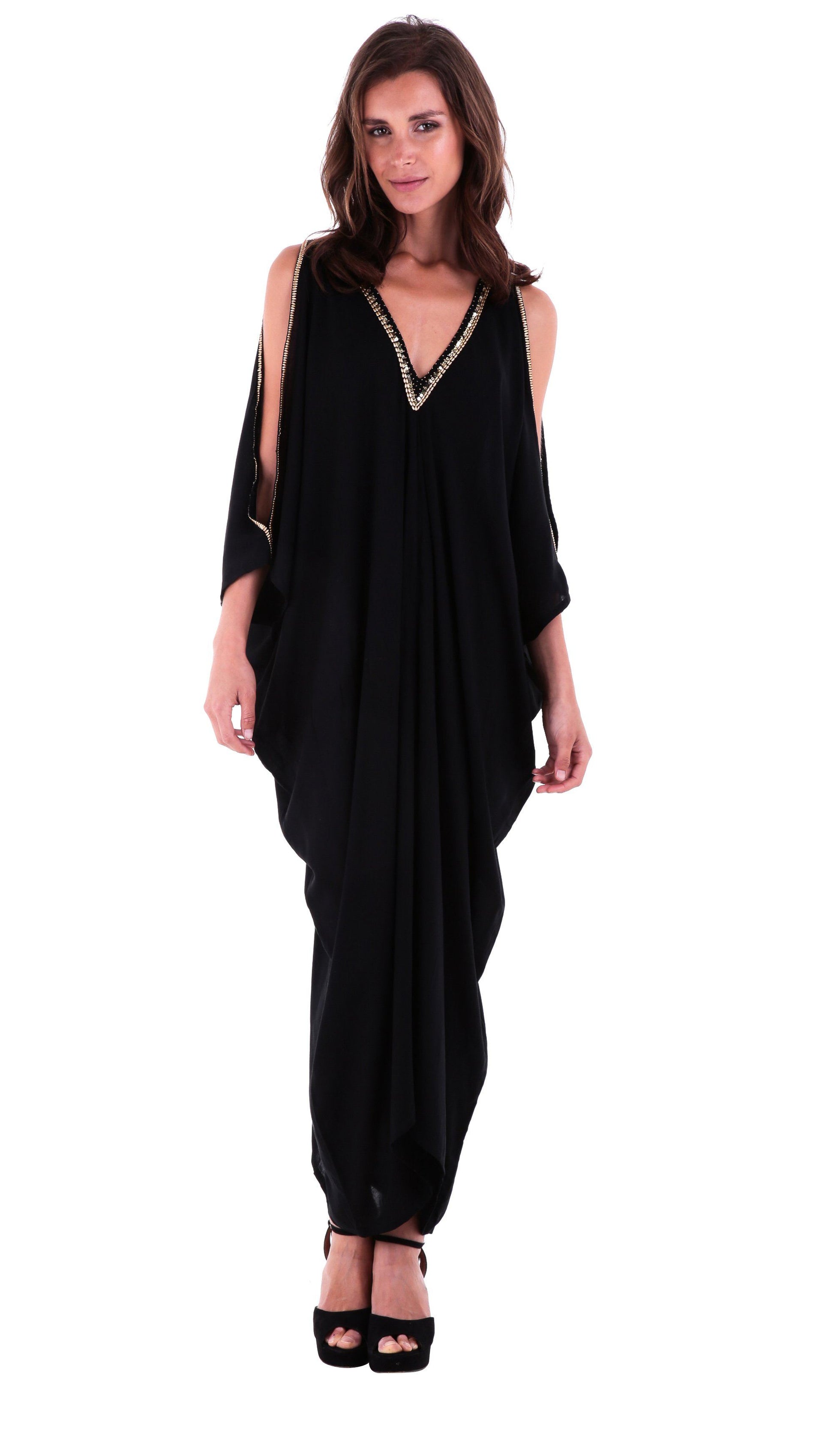Isabella Embellished long Kaftan dress with Cold Shoulder - Love-Shu-Shi-black
