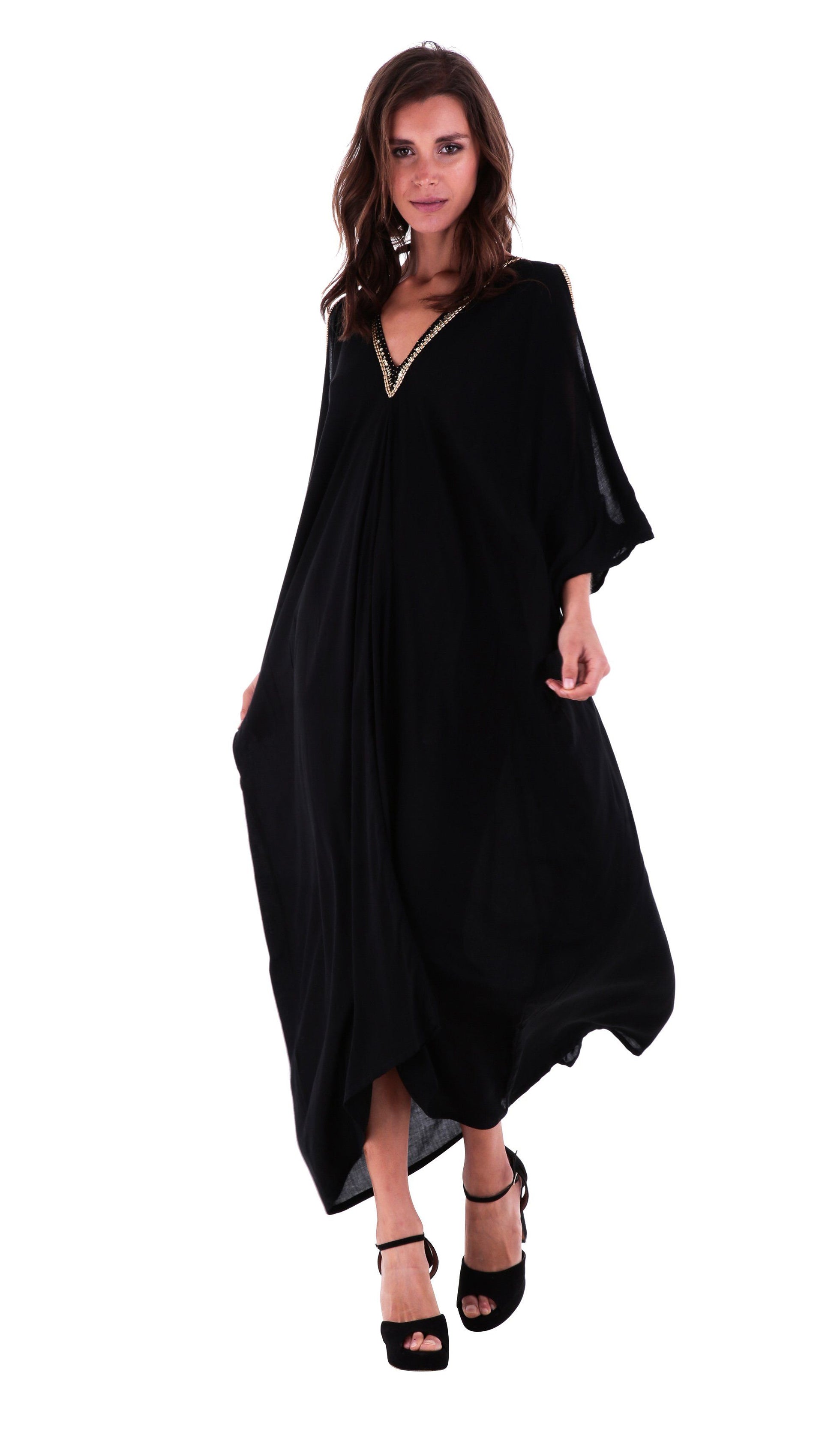 Isabella Embellished long Kaftan dress with Cold Shoulder - Love-Shu-Shi-black