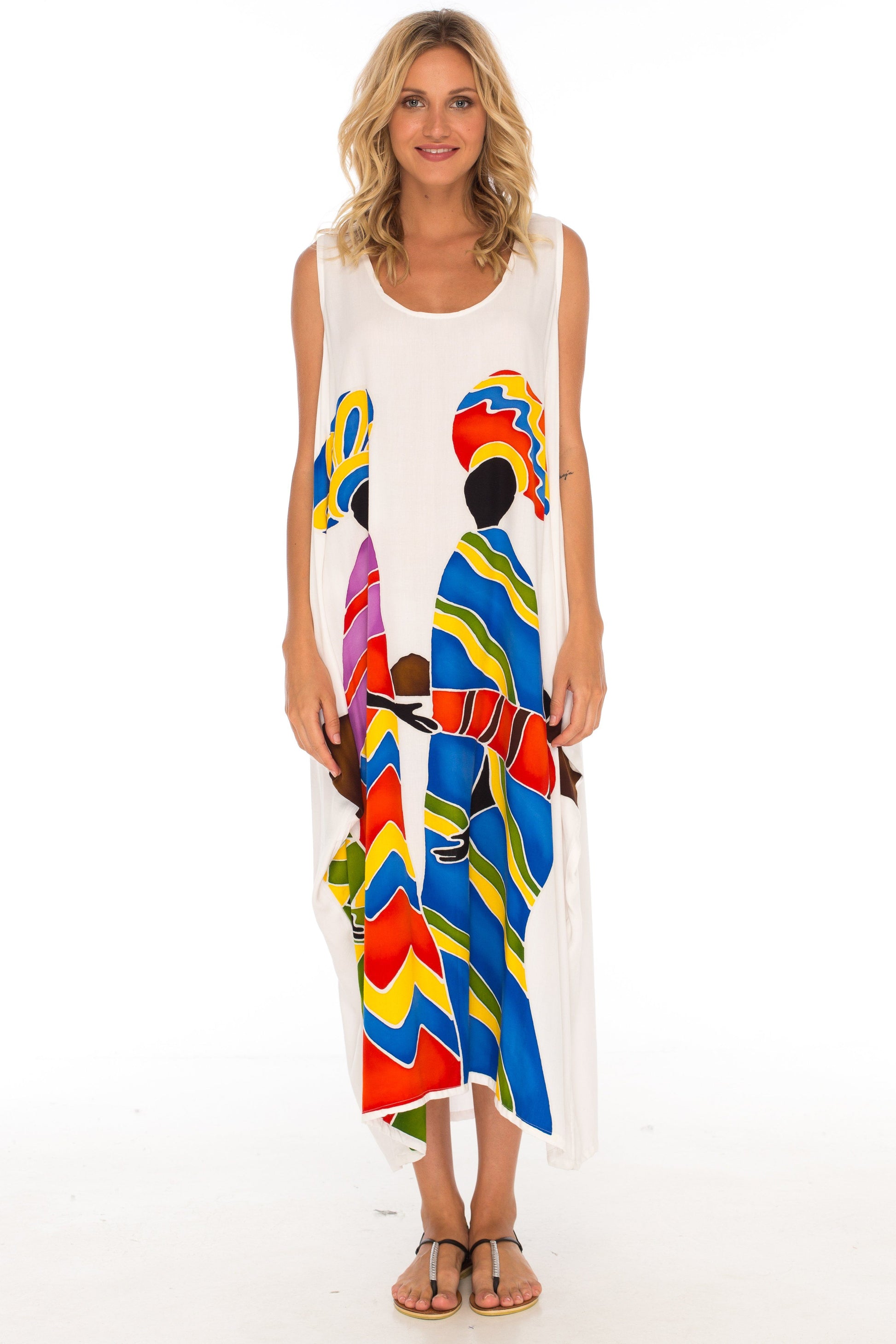 Hand Painted Tribal Design Long Oversized summer Dress-Loveshushi-white