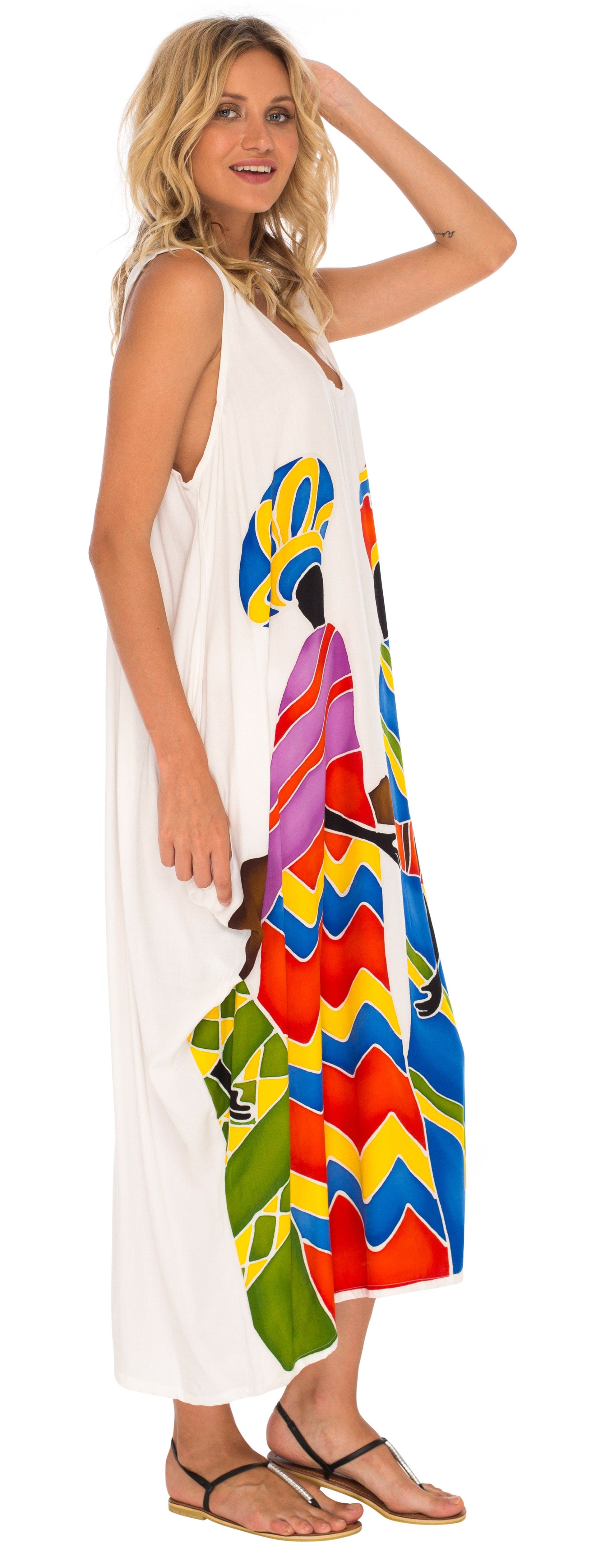 Hand Painted Tribal Design Long Oversized summer Dress-Loveshushi-white
