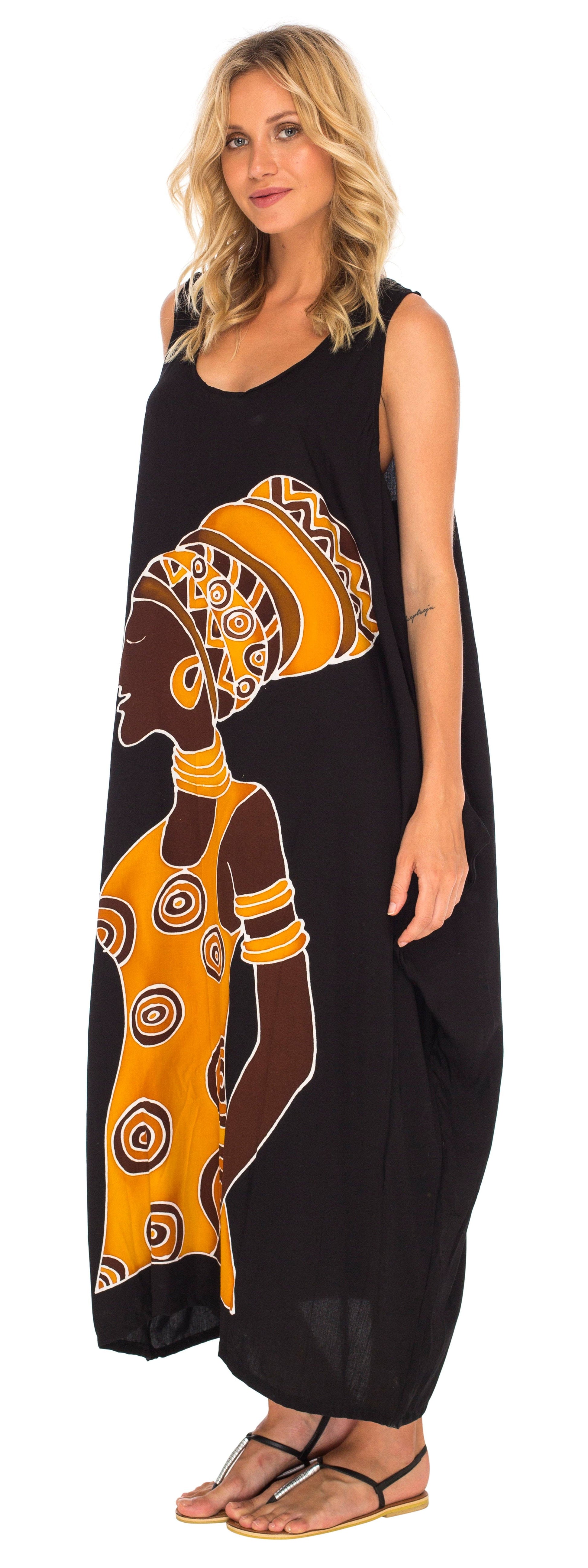 Hand Painted Tribal Design Long Oversized summer Dress-Loveshushi-black