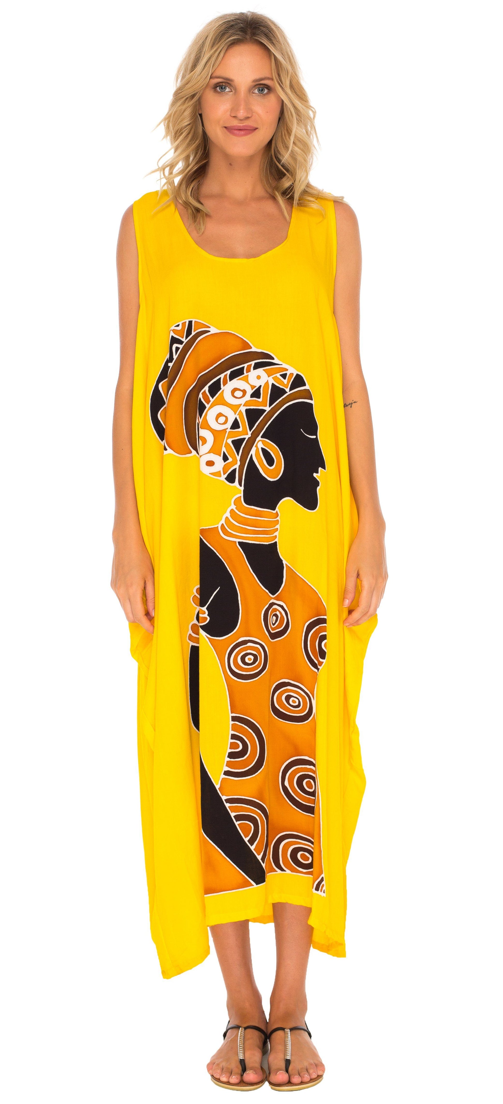 Hand Painted Tribal Design Long Oversized summer Dress-Loveshushi-yellow