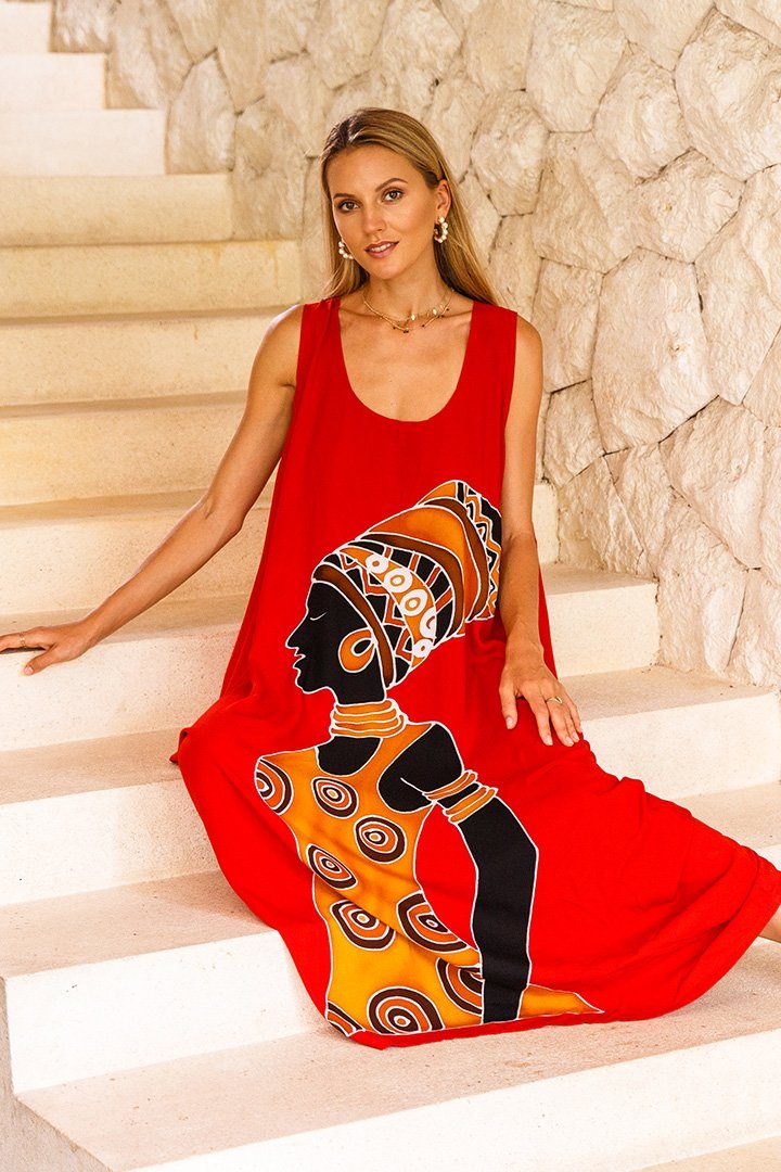 Hand Painted Tribal Design Long Oversized summer Dress-Loveshushi-red