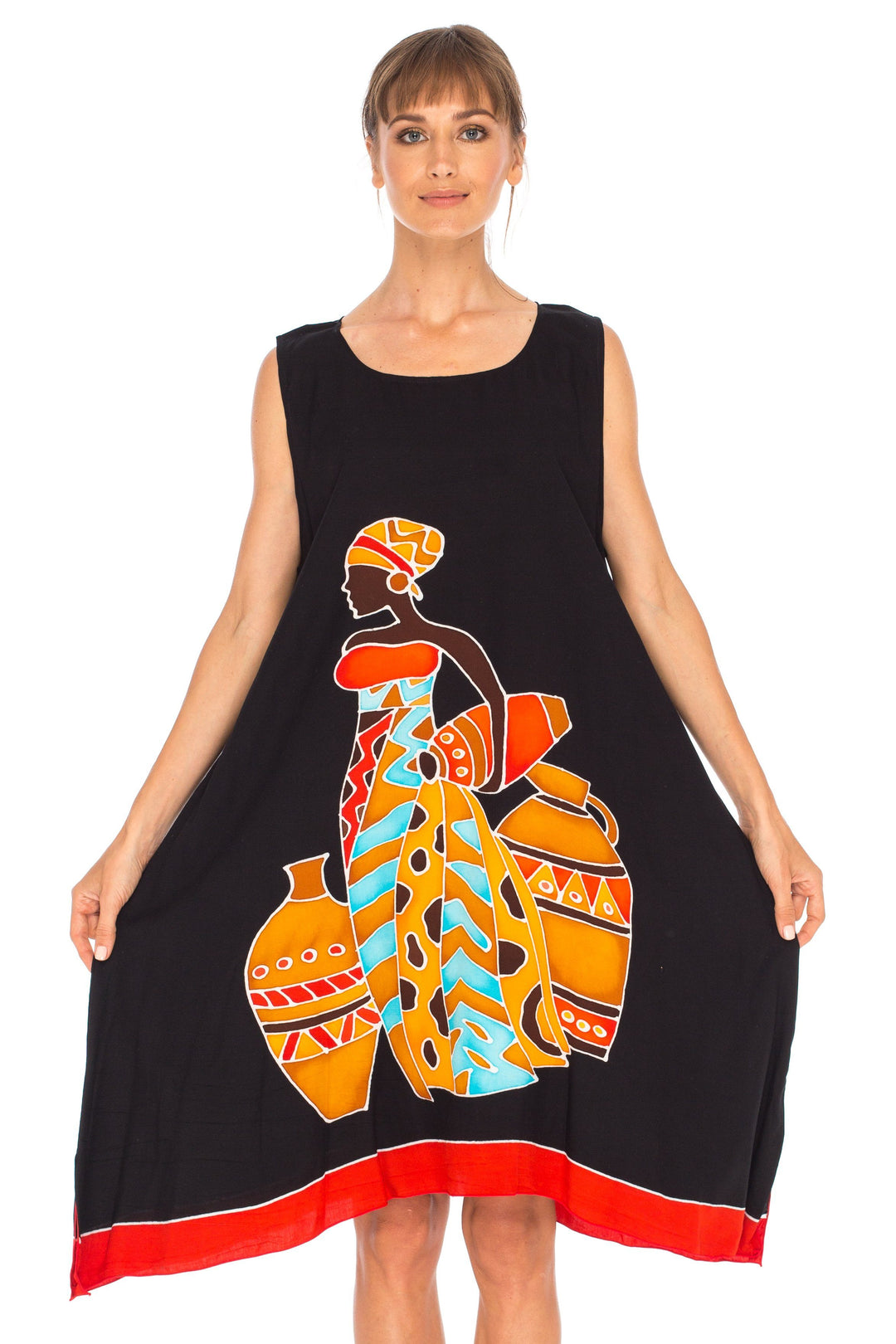 Hand Painted Tribal Design Short sleeveless summer Dress Love-Shu-Shi-black