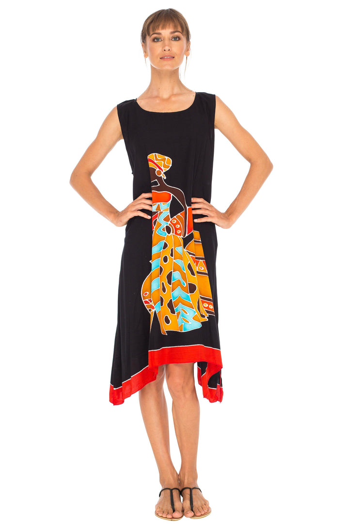 Hand Painted Tribal Design Short sleeveless summer Dress Love-Shu-Shi-black