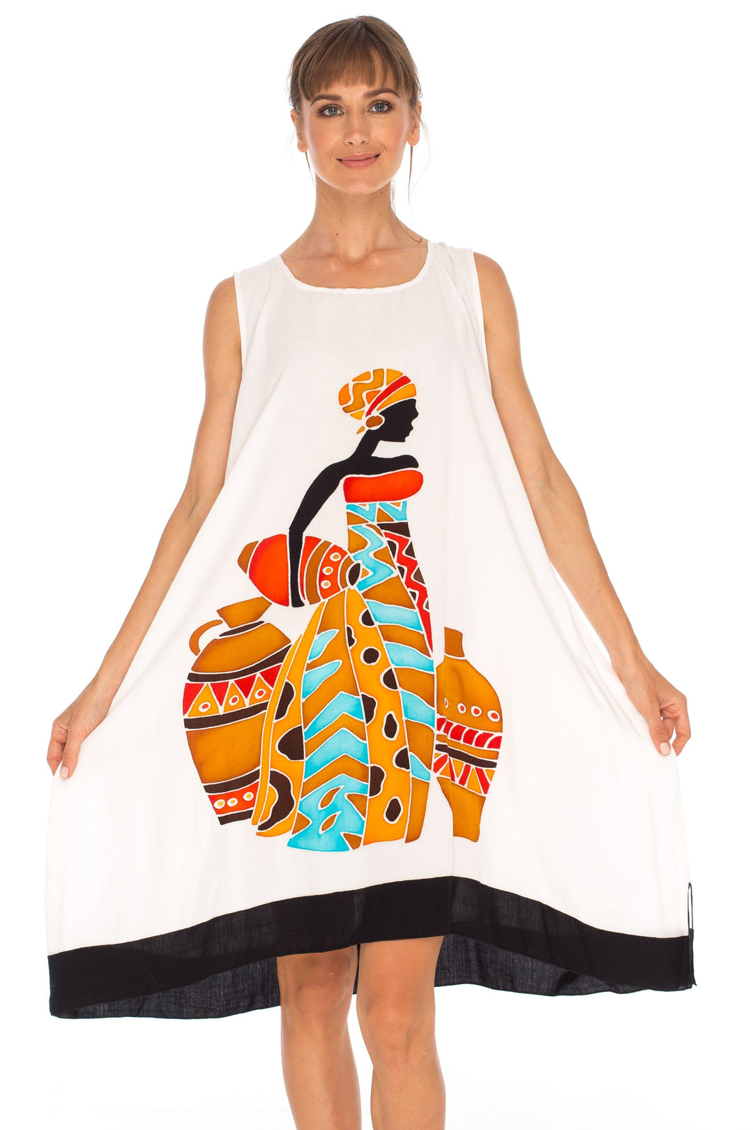 Hand Painted Tribal Design Short sleeveless summer Dress Love-Shu-Shi-white