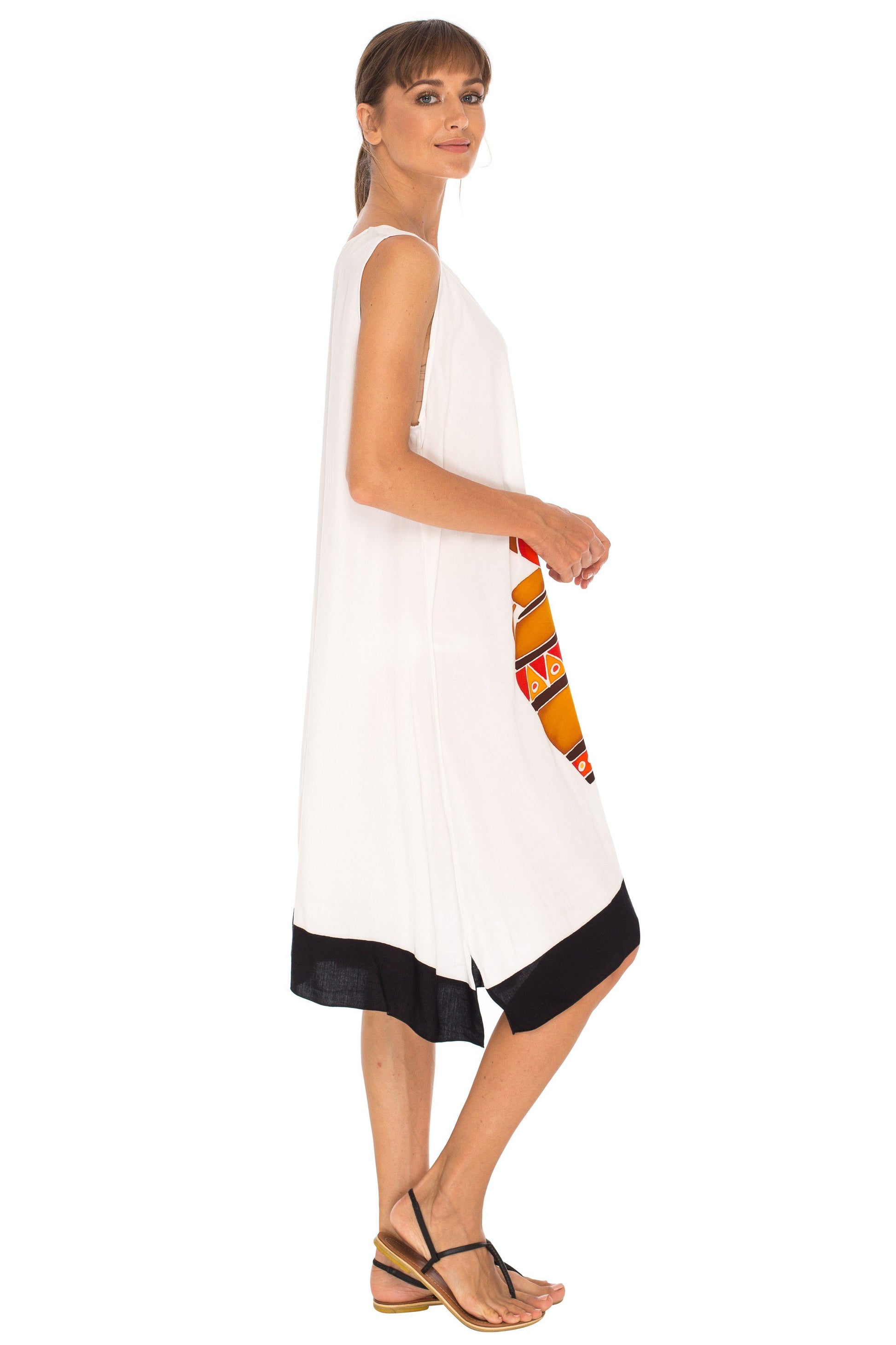Hand Painted Tribal Design Short sleeveless summer Dress Love-Shu-Shi-white