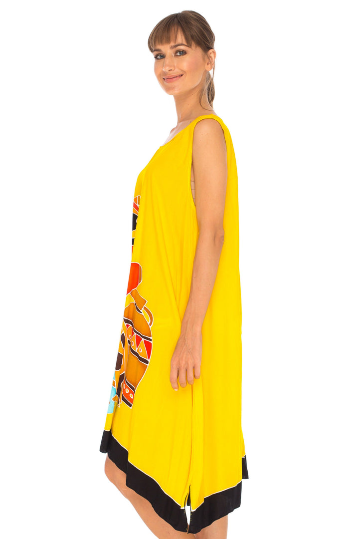 Hand Painted Tribal Design Short sleeveless summer Dress Love-Shu-Shi-yellow