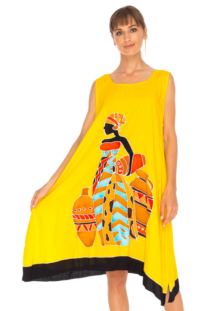 Hand Painted Tribal Design Short sleeveless summer Dress Love-Shu-Shi-yellow