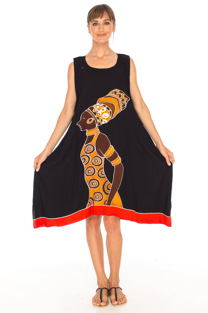 Hand Painted Tribal Design Short sleeveless summer Dress Love-Shu-Shi-black