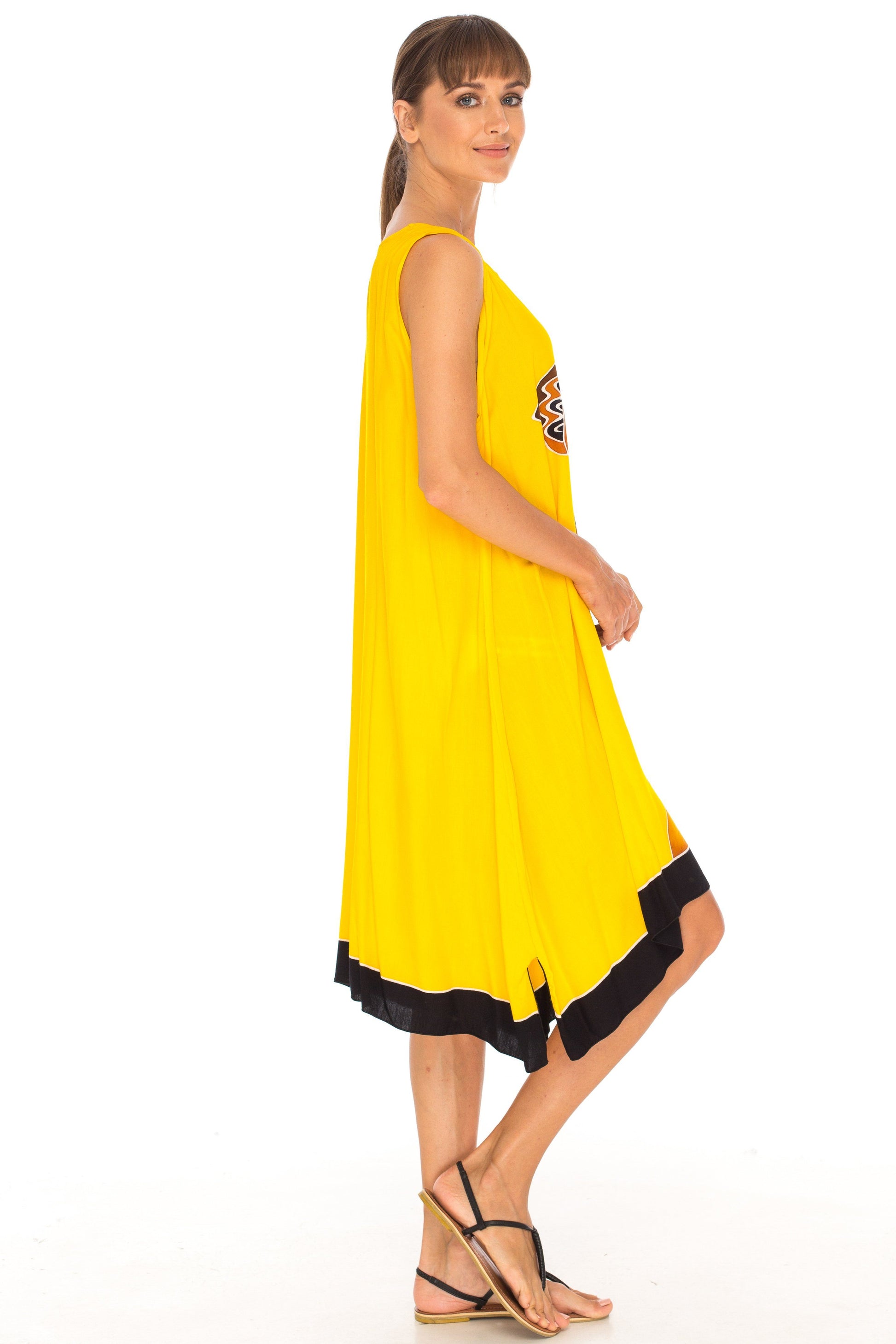 Hand Painted Tribal Design Short sleeveless summer Dress Love-Shu-Shi-yellow