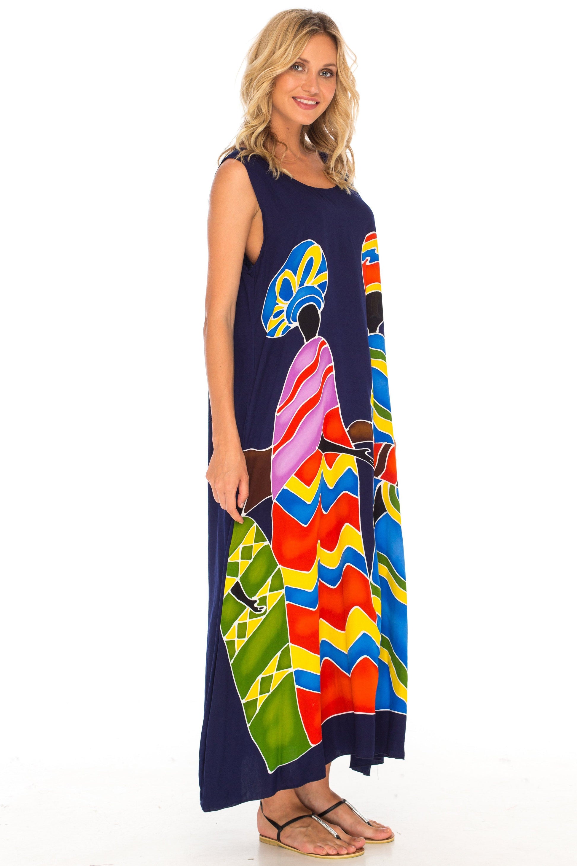 Sleeveless Summer Tank Dress with Hand-painted Tribal Design - Love-ShuShi-Navy blue dress
