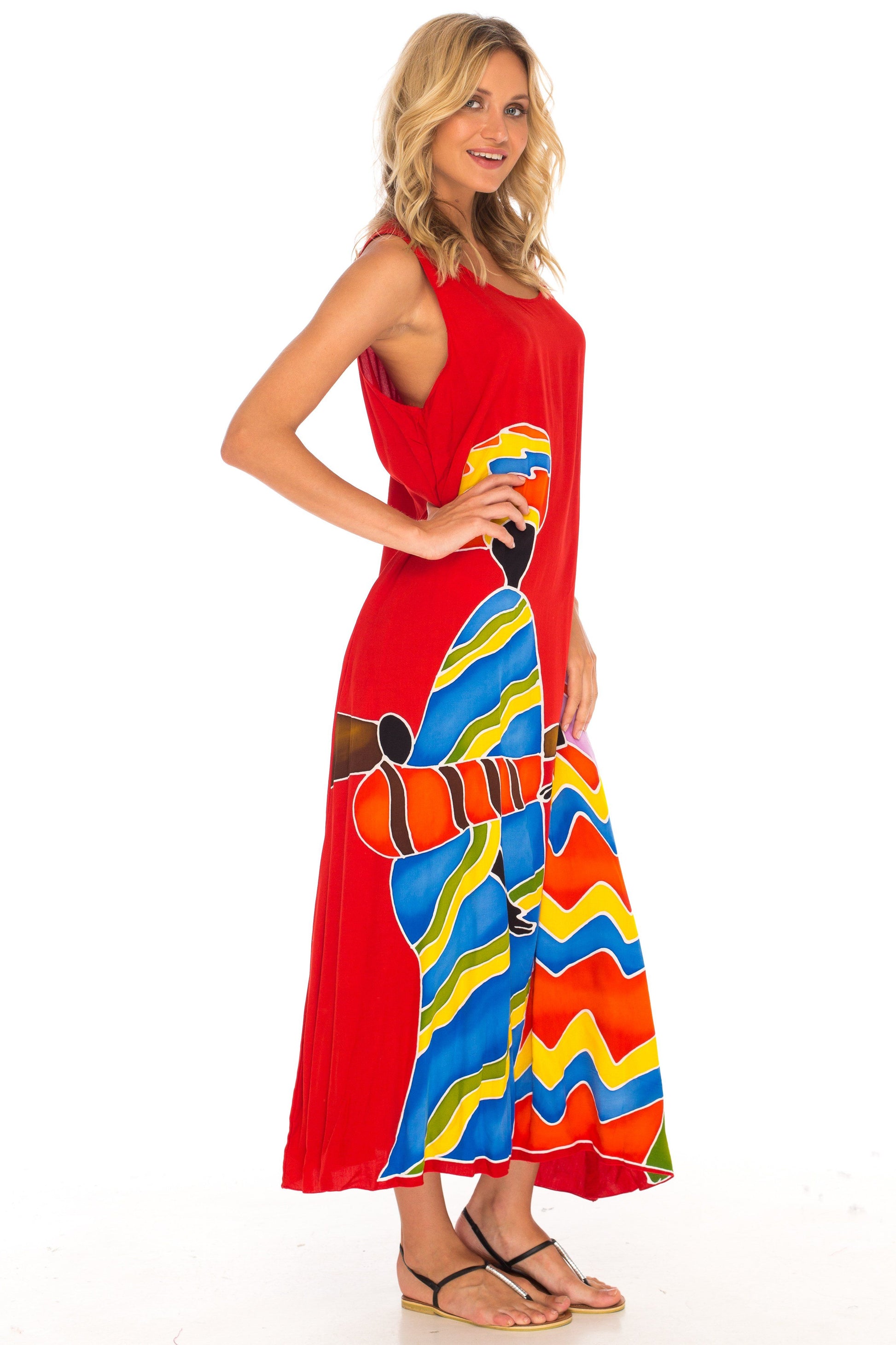 Sleeveless Summer Tank Dress with Hand-painted Tribal Design - Love-ShuShi-red dress-Shu-Shi
