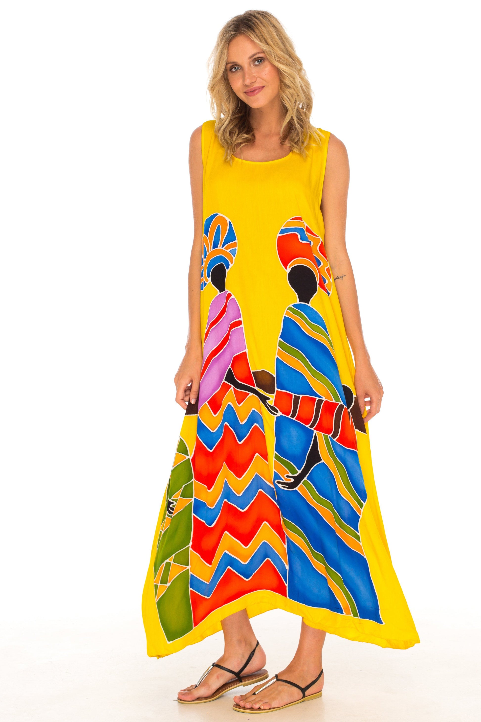 Sleeveless Summer Tank Dress with Hand-painted Tribal Design - Love-ShuShi-yellow dress-Shu-Shi