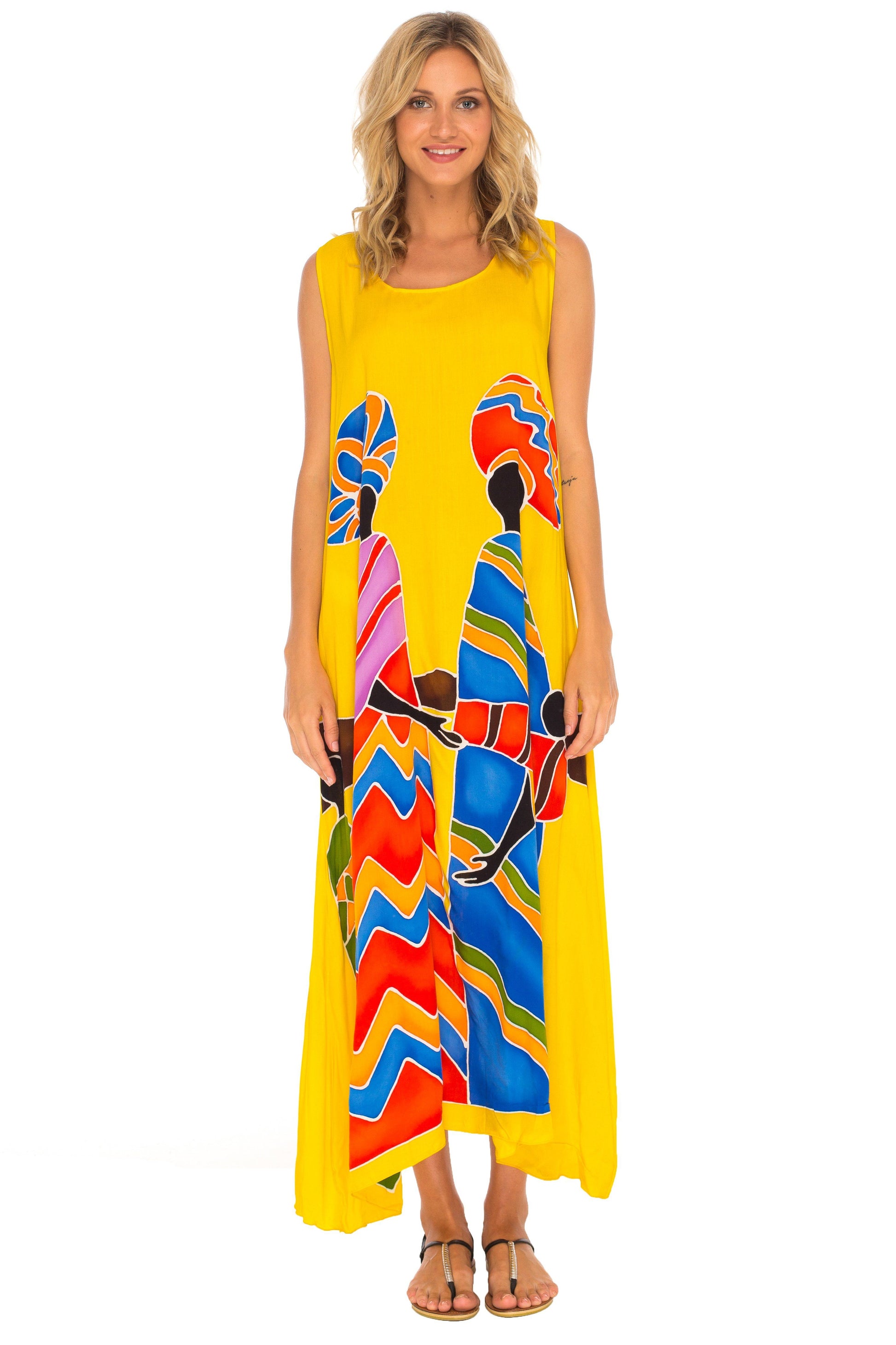 Sleeveless Summer Tank Dress with Hand-painted Tribal Design - Love-ShuShi-yellow dress-Shu-Shi