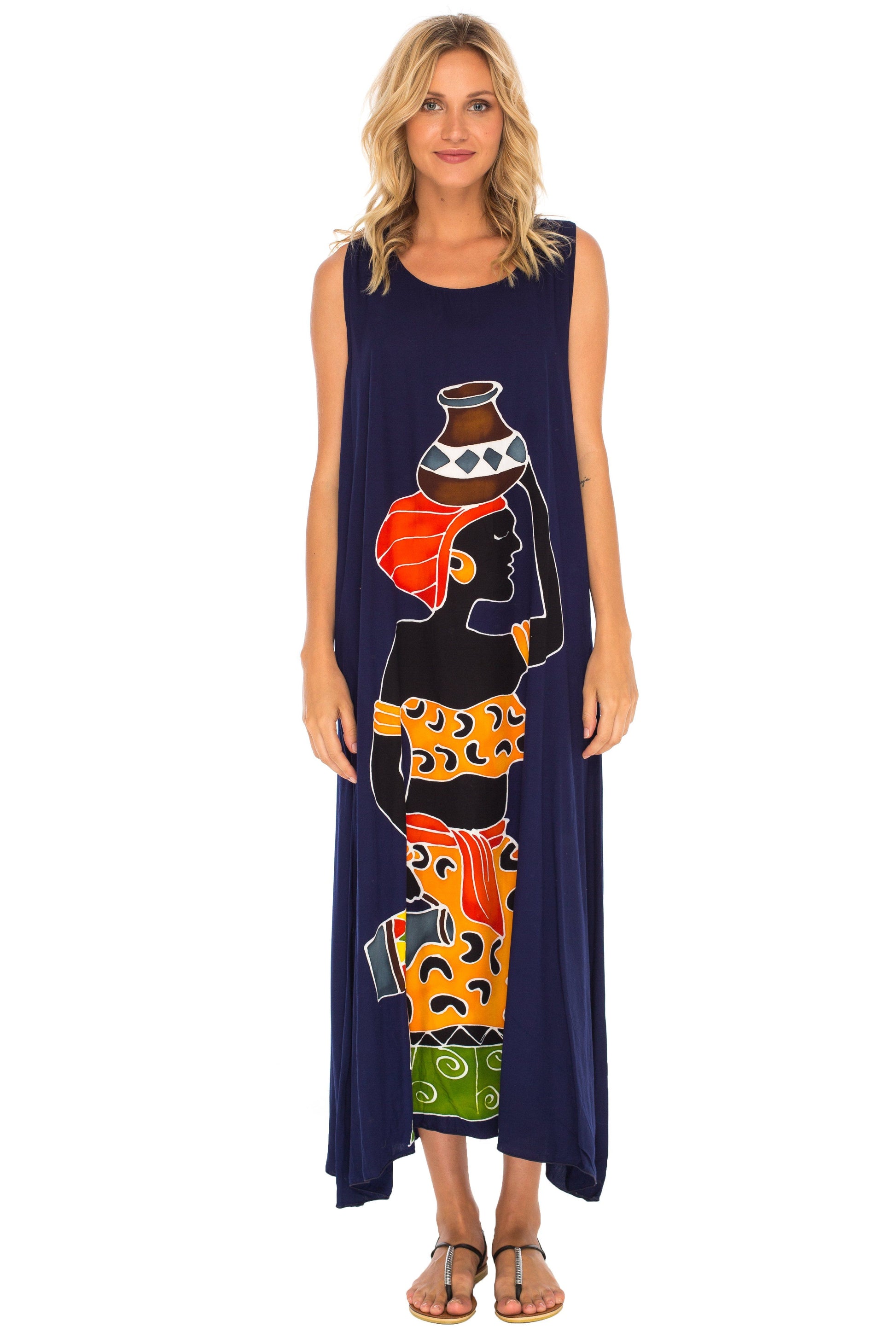 Sleeveless Summer Tank Dress with Hand-painted Tribal Design - Love-ShuShi-navy blue-Shu-Shi