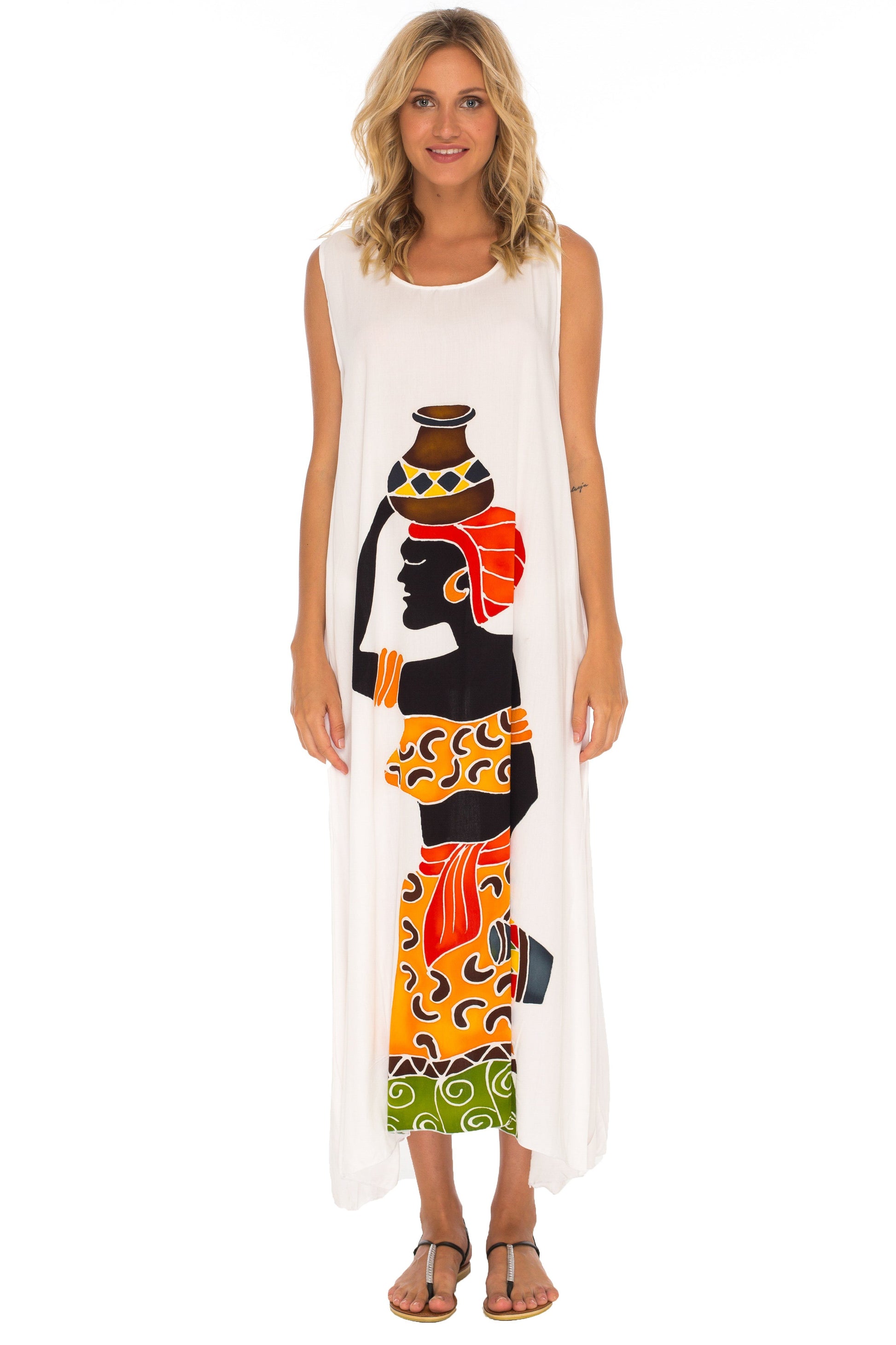 Sleeveless Summer Tank Dress with Hand-painted Tribal Design - Love-ShuShi-white dress-Shu-Shi