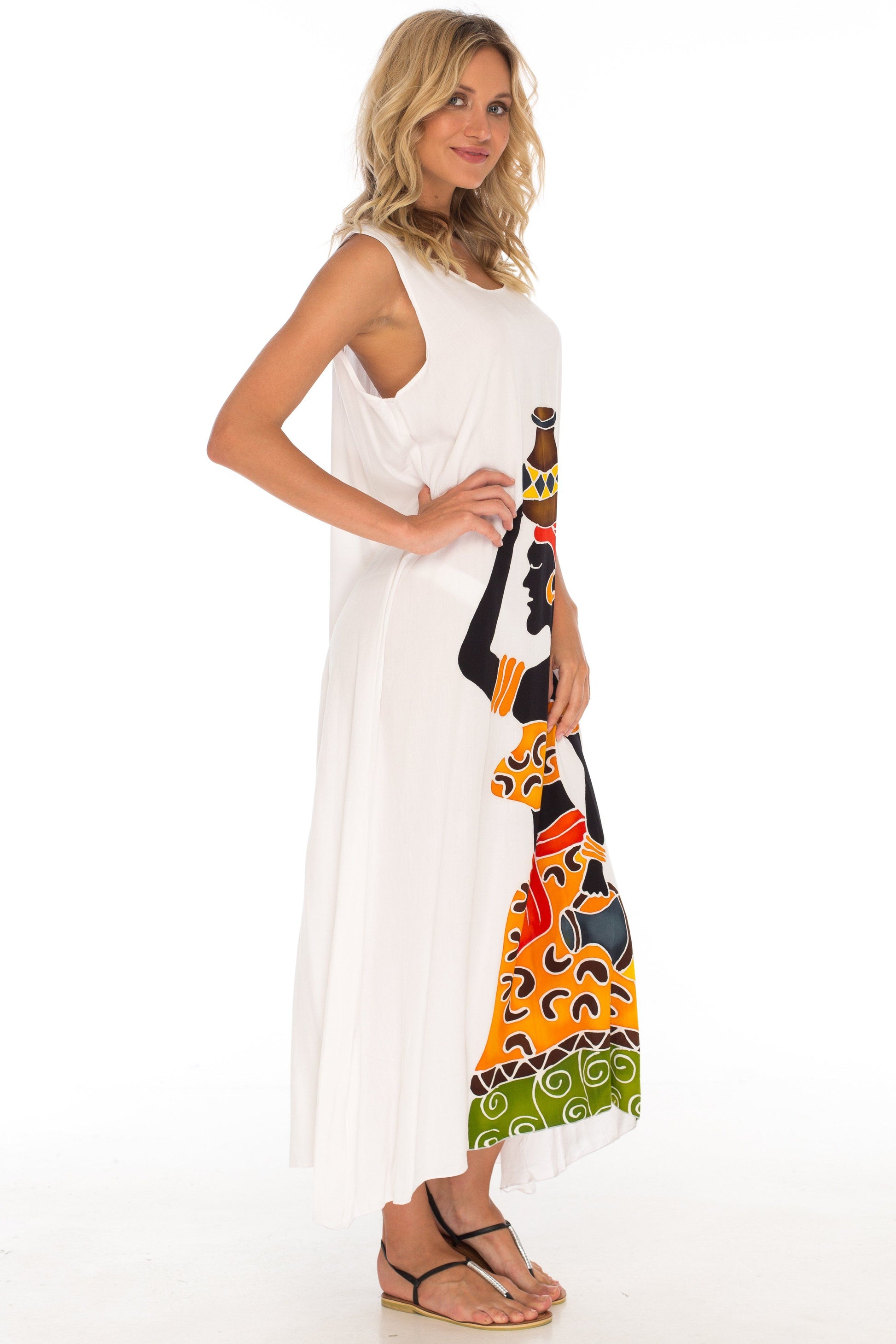 Sleeveless Summer Tank Dress with Hand-painted Tribal Design - Love-ShuShi-white dress-Shu-Shi