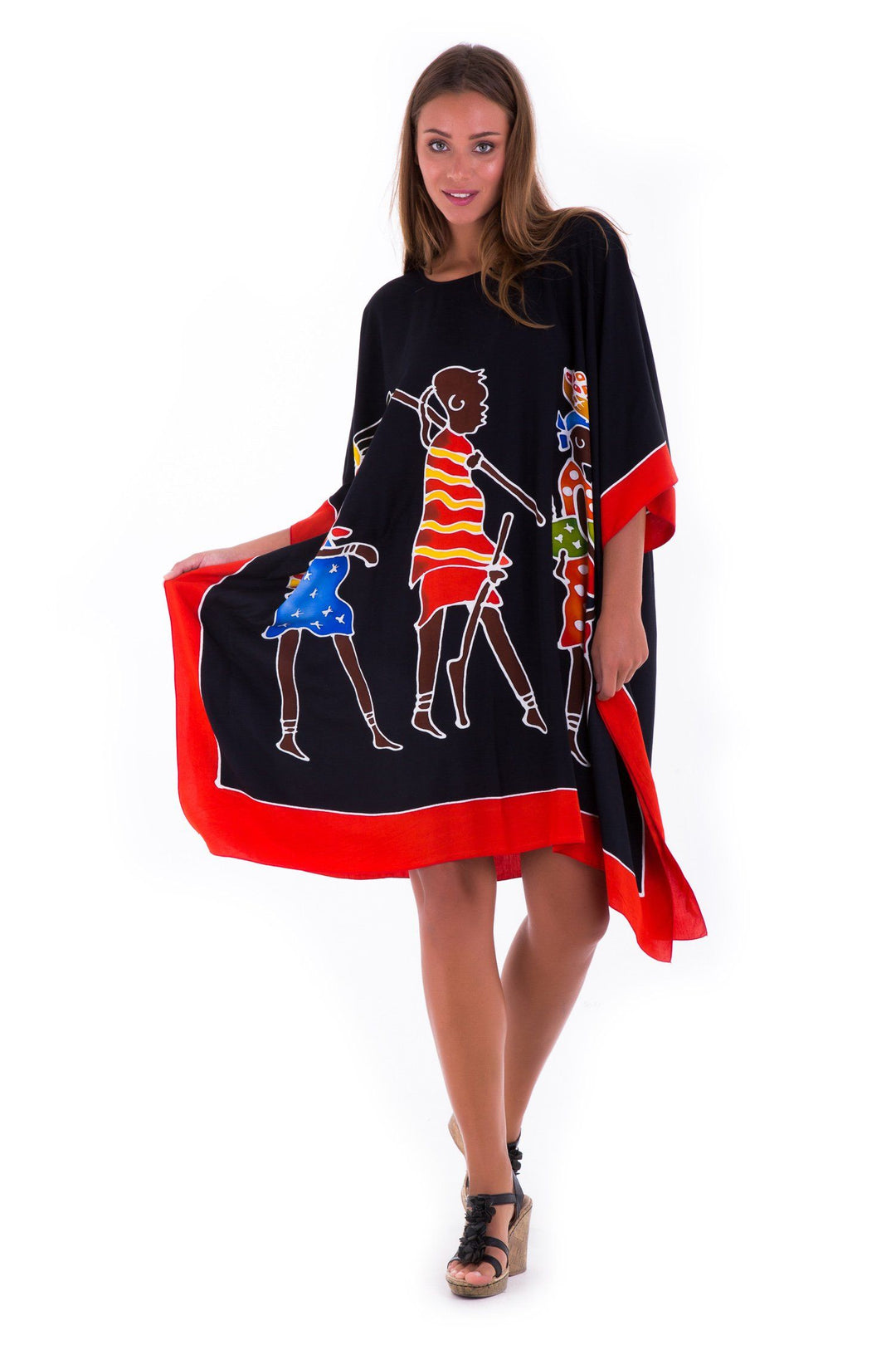 SHU - SHI Women's Short Kaftan Dress - Hand - Painted Tribal Poncho Tunic, Plus Size Swim Cover - Up - Love ShuShi