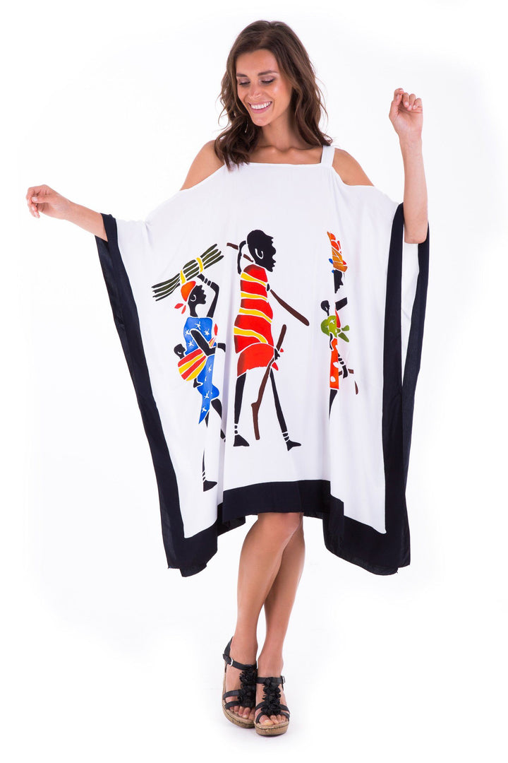 SHU - SHI Women's Hand Painted Tribal Poncho Dress | Loose Beach Cover Up | Short Cold Shoulder Tunic with Cut Outs - Love ShuShi