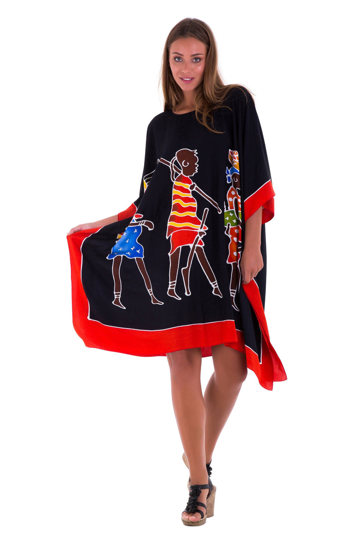 SHU - SHI Women's Short Kaftan Dress - Hand - Painted Tribal Poncho Tunic, Plus Size Swim Cover - Up - Love ShuShi