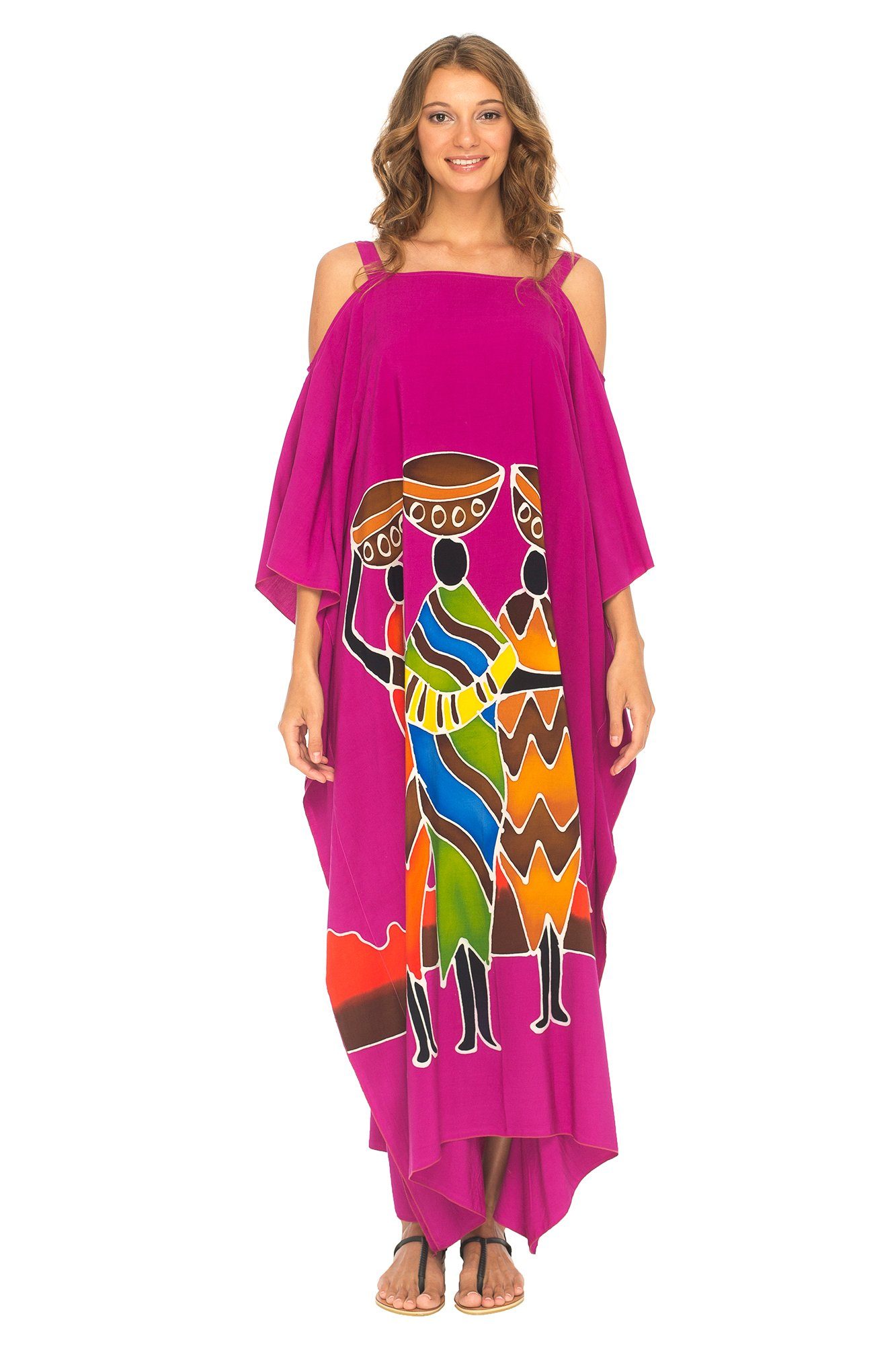 Hand Painted Tribal Design Long Dress with Cold Shoulder Cut Outs - Love-Shu-Shi