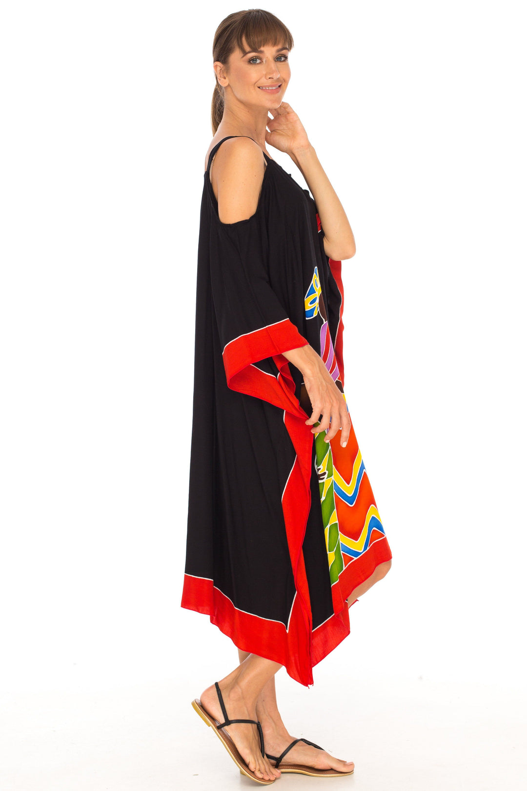 SHU - SHI Women's Hand Painted Tribal Poncho Dress | Loose Beach Cover Up | Short Cold Shoulder Tunic with Cut Outs - Love ShuShi