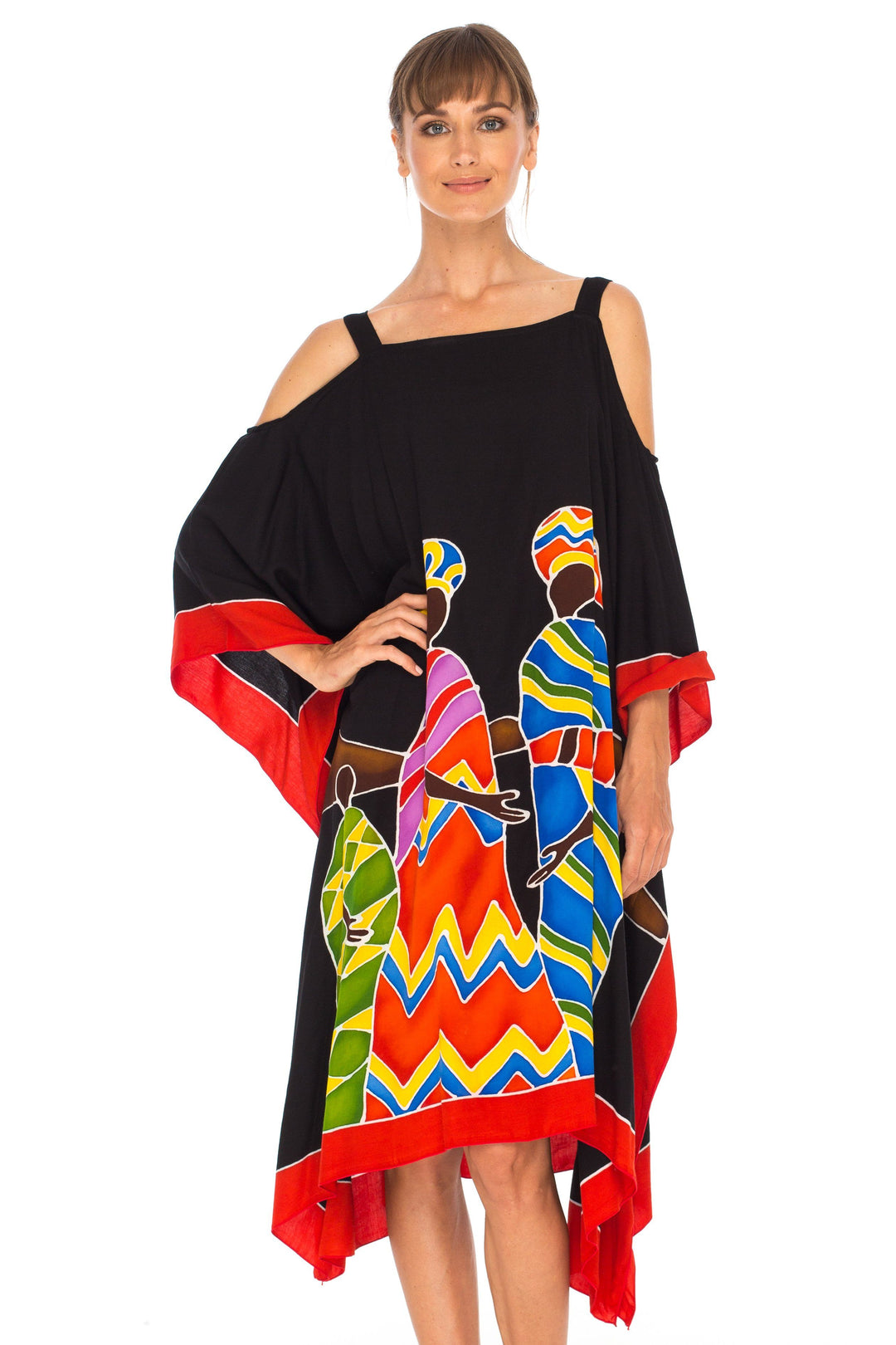 SHU - SHI Women's Hand Painted Tribal Poncho Dress | Loose Beach Cover Up | Short Cold Shoulder Tunic with Cut Outs - Love ShuShi