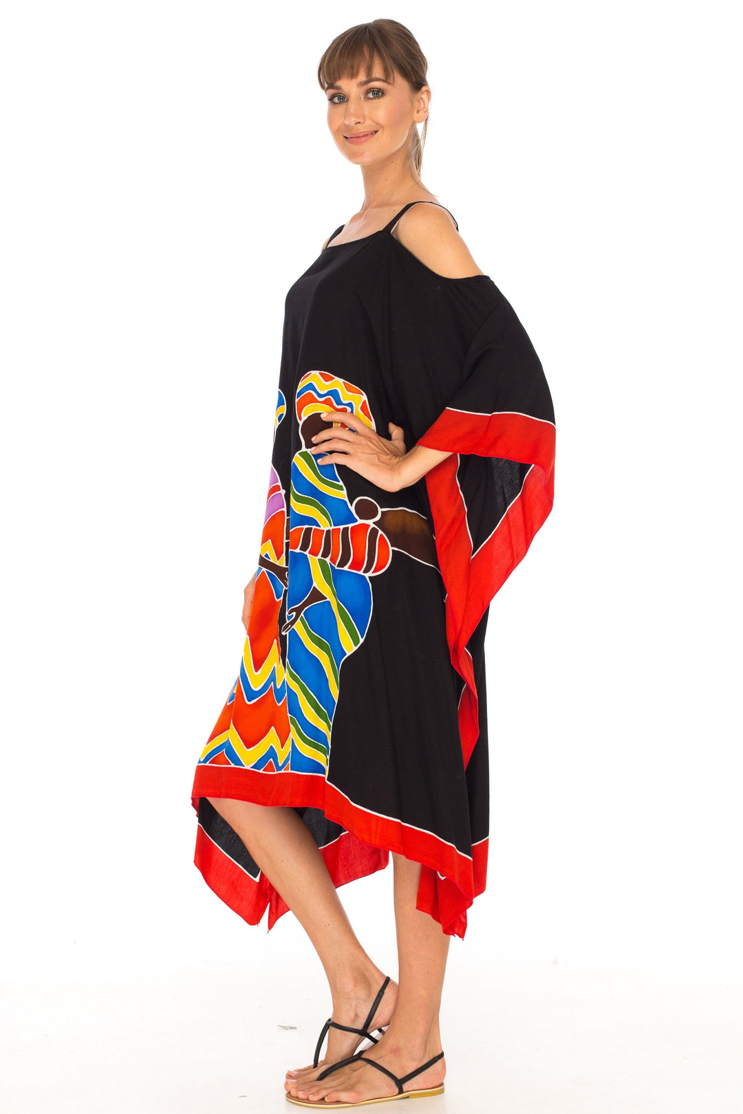 SHU - SHI Women's Hand Painted Tribal Poncho Dress | Loose Beach Cover Up | Short Cold Shoulder Tunic with Cut Outs - Love ShuShi