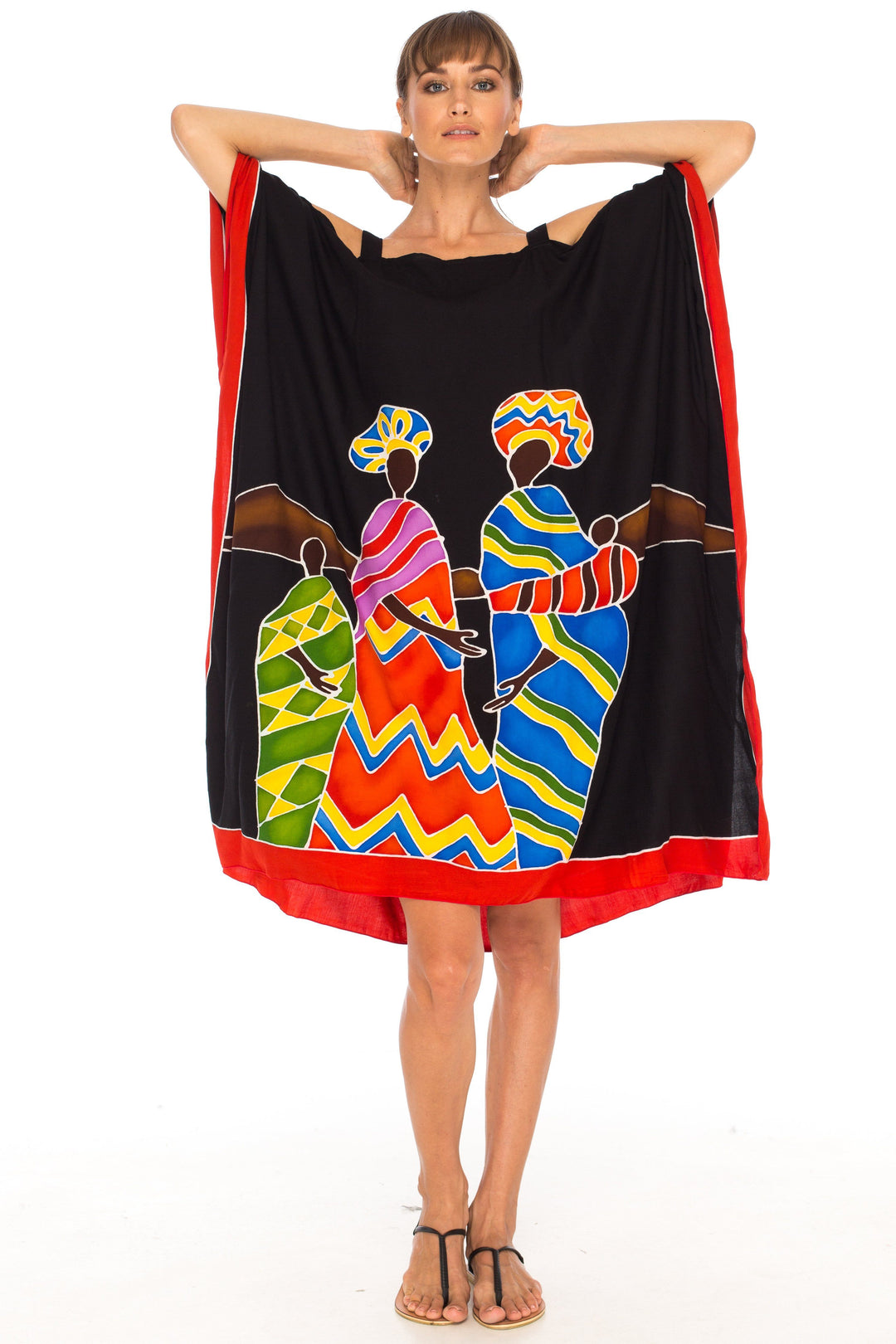 SHU - SHI Women's Hand Painted Tribal Poncho Dress | Loose Beach Cover Up | Short Cold Shoulder Tunic with Cut Outs - Love ShuShi