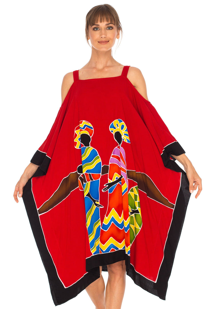 SHU - SHI Women's Hand Painted Tribal Poncho Dress | Loose Beach Cover Up | Short Cold Shoulder Tunic with Cut Outs - Love ShuShi