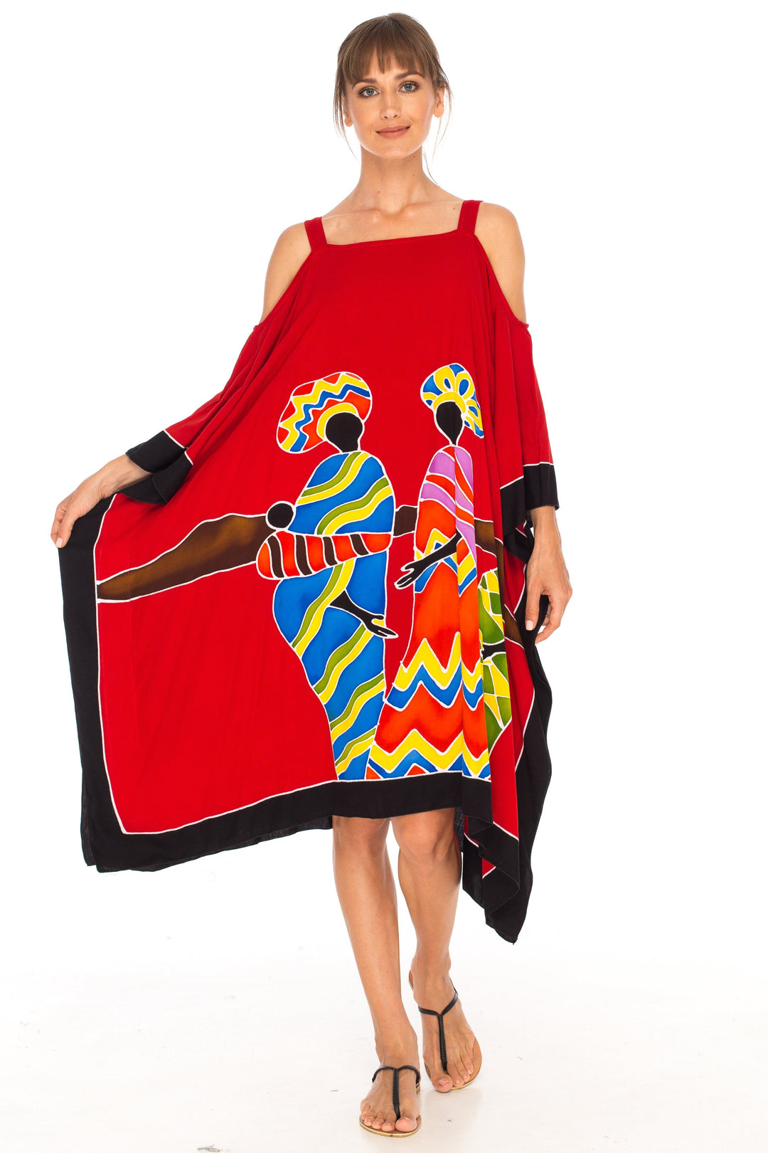 SHU - SHI Women's Hand Painted Tribal Poncho Dress | Loose Beach Cover Up | Short Cold Shoulder Tunic with Cut Outs - Love ShuShi