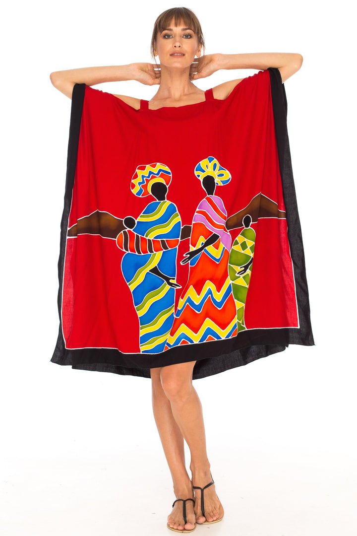 SHU - SHI Women's Hand Painted Tribal Poncho Dress | Loose Beach Cover Up | Short Cold Shoulder Tunic with Cut Outs - Love ShuShi