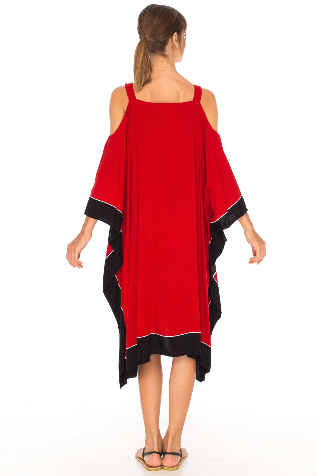 SHU - SHI Women's Hand Painted Tribal Poncho Dress | Loose Beach Cover Up | Short Cold Shoulder Tunic with Cut Outs - Love ShuShi