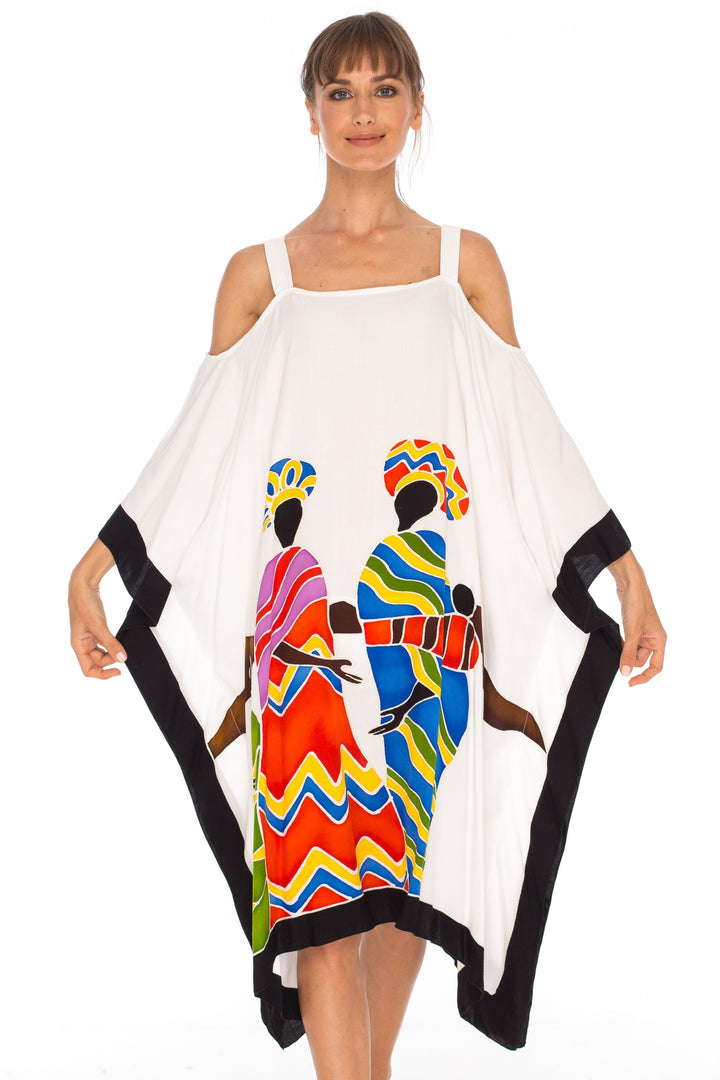 SHU - SHI Women's Hand Painted Tribal Poncho Dress | Loose Beach Cover Up | Short Cold Shoulder Tunic with Cut Outs - Love ShuShi