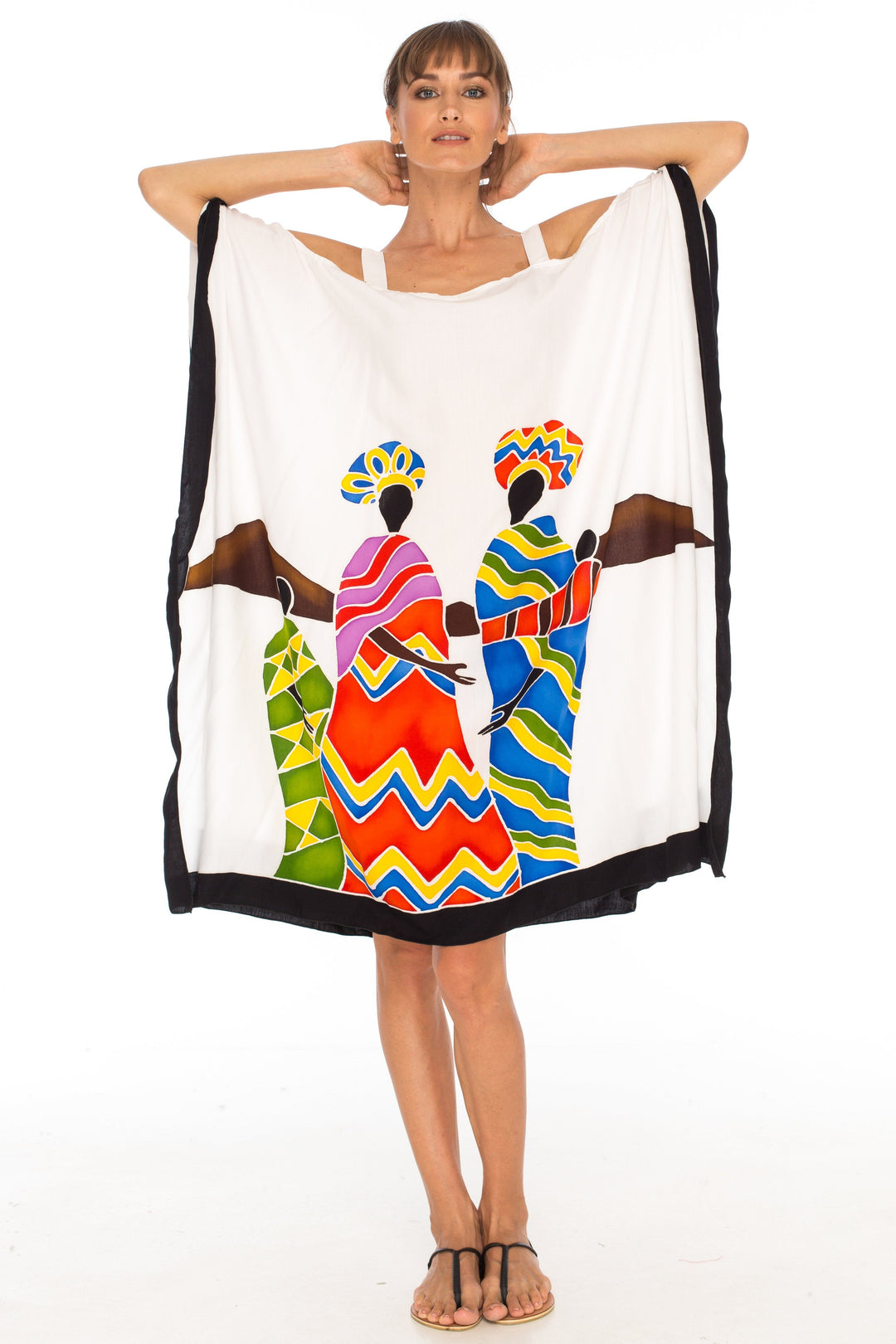 SHU - SHI Women's Hand Painted Tribal Poncho Dress | Loose Beach Cover Up | Short Cold Shoulder Tunic with Cut Outs - Love ShuShi