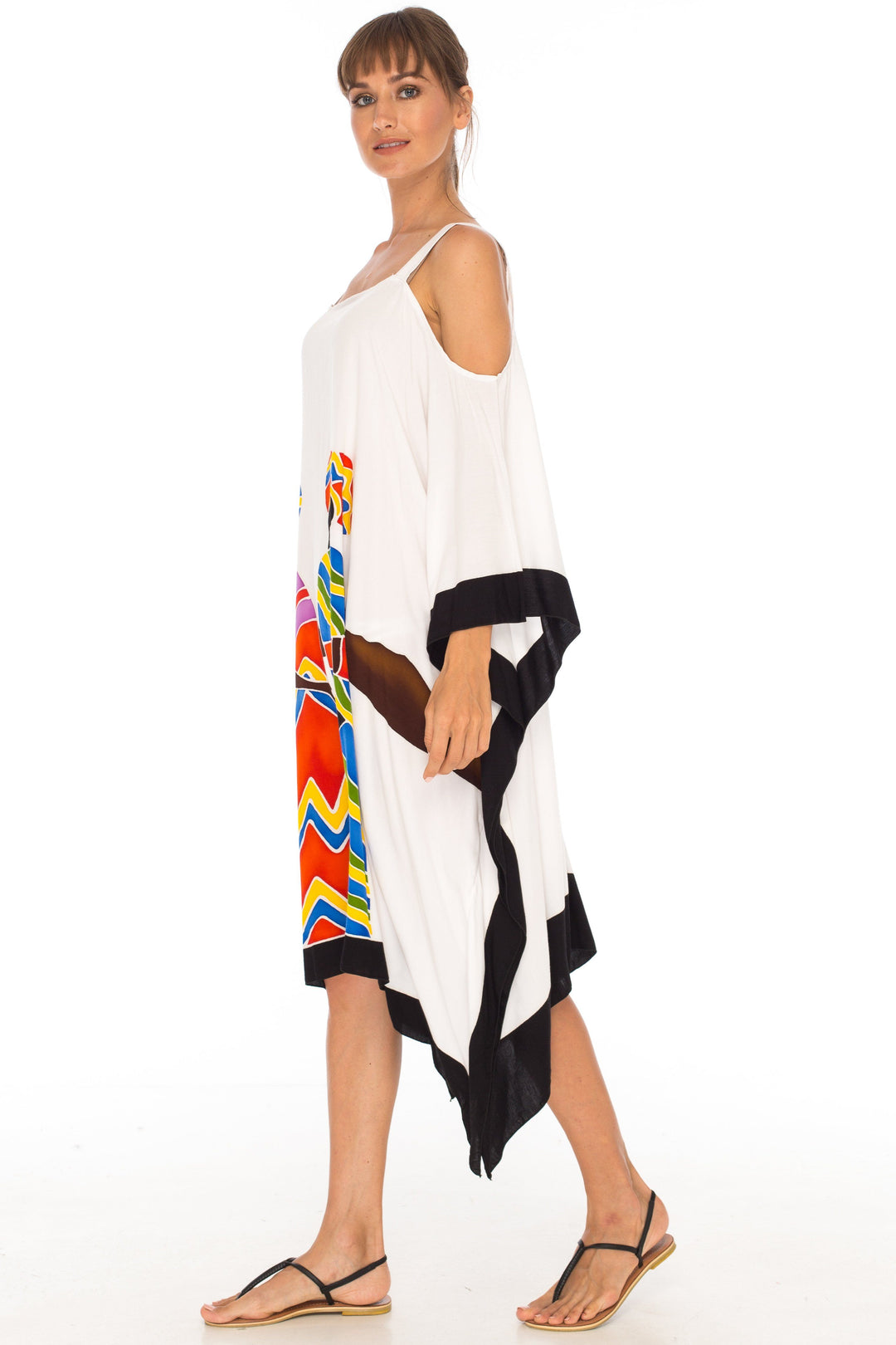 SHU - SHI Women's Hand Painted Tribal Poncho Dress | Loose Beach Cover Up | Short Cold Shoulder Tunic with Cut Outs - Love ShuShi