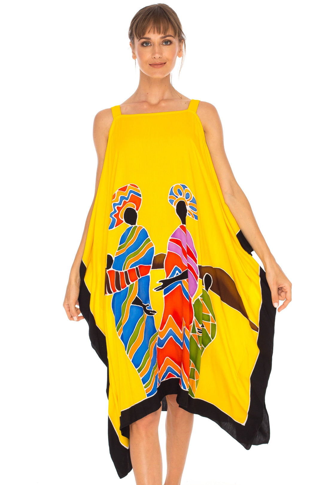 SHU - SHI Women's Hand Painted Tribal Poncho Dress | Loose Beach Cover Up | Short Cold Shoulder Tunic with Cut Outs - Love ShuShi