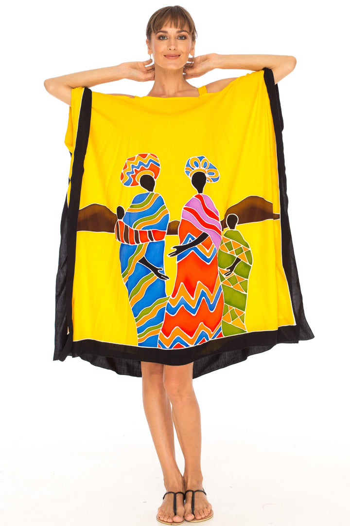 SHU - SHI Women's Hand Painted Tribal Poncho Dress | Loose Beach Cover Up | Short Cold Shoulder Tunic with Cut Outs - Love ShuShi