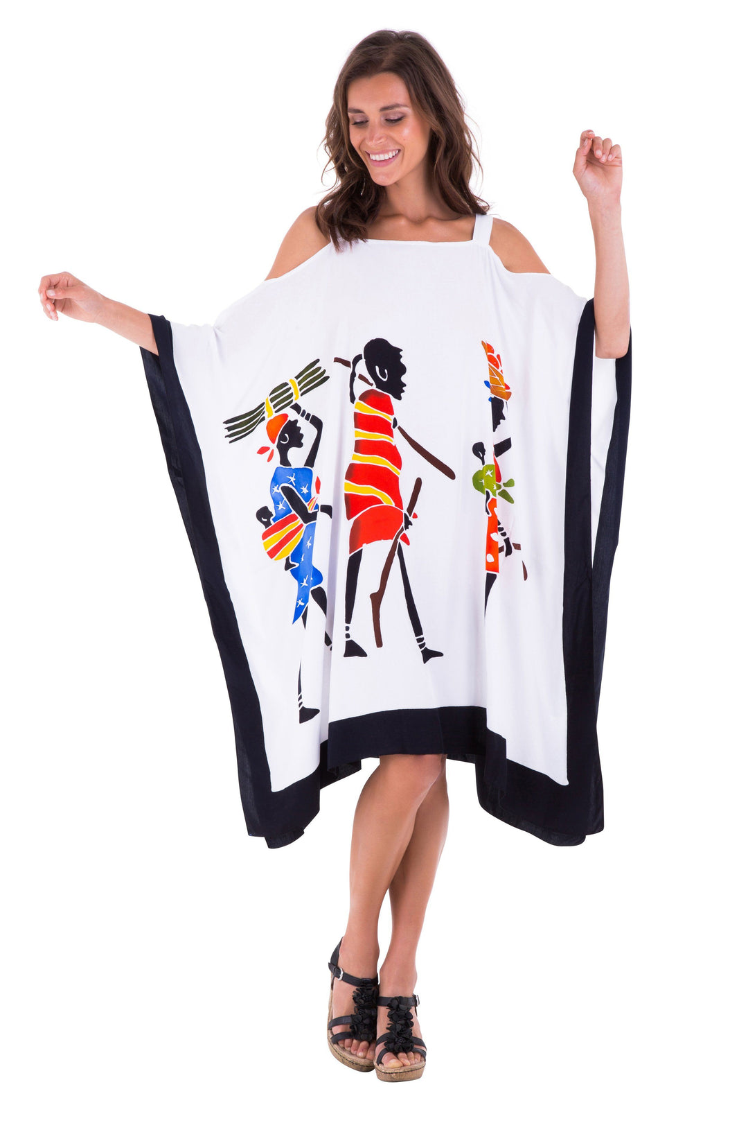 SHU - SHI Women's Hand Painted Tribal Poncho Dress | Loose Beach Cover Up | Short Cold Shoulder Tunic with Cut Outs - Love ShuShi