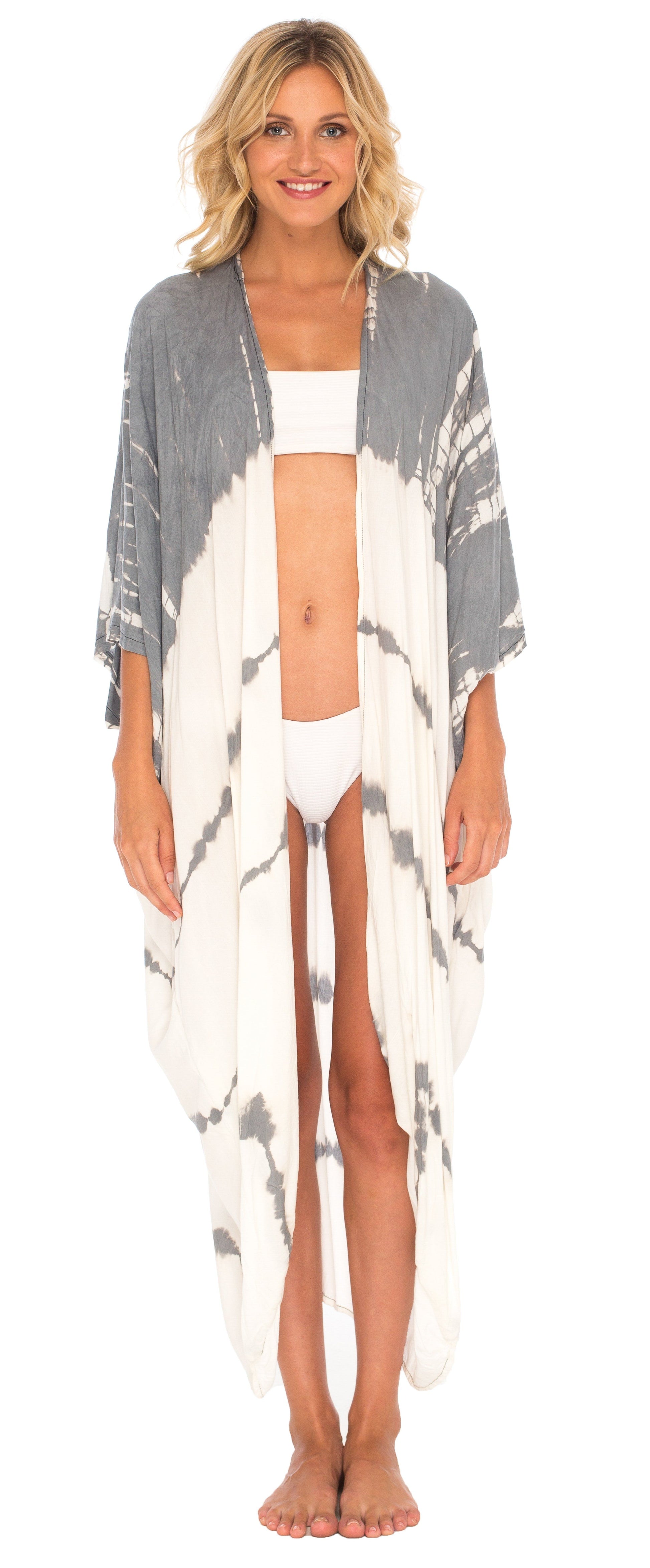 Tie Dye Open Front Long Summer Kimono Cardigan with Three-Quarter Sleeves - LoveShuShi-grey and white cardigan