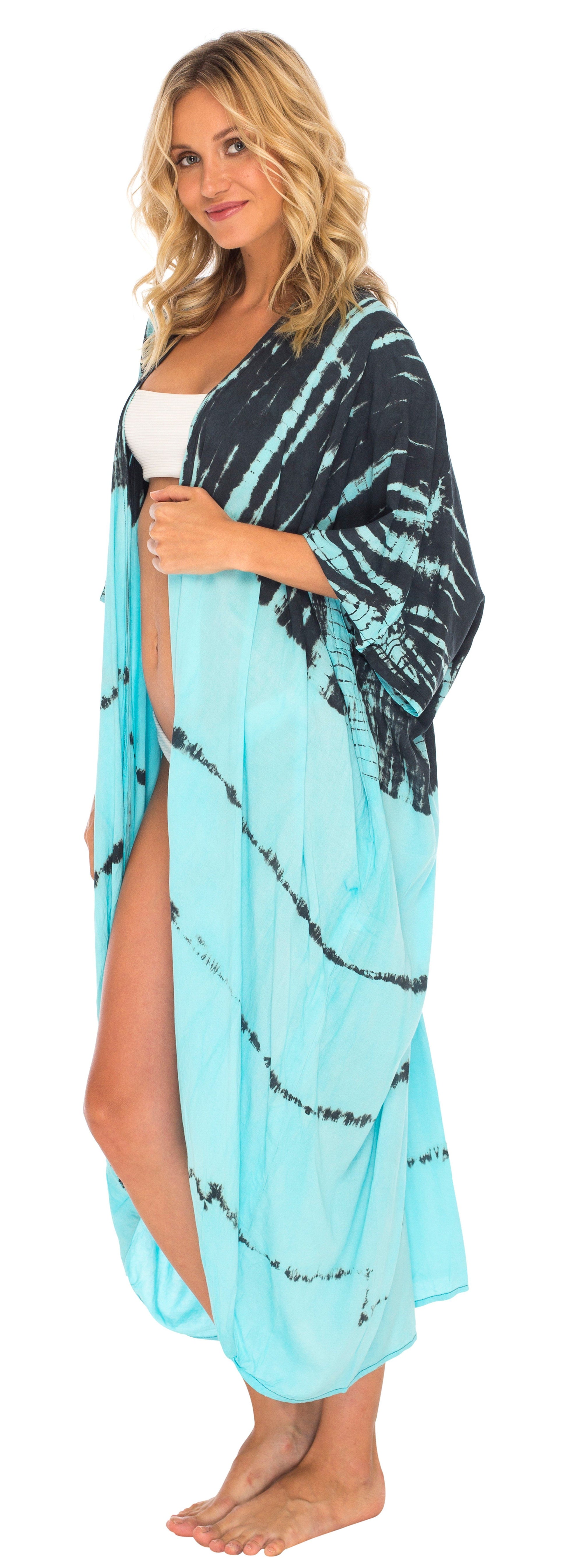 Tie Dye Open Front Long Summer Kimono Cardigan with Three-Quarter Sleeves - LoveShuShi-turquoise and black cardigan